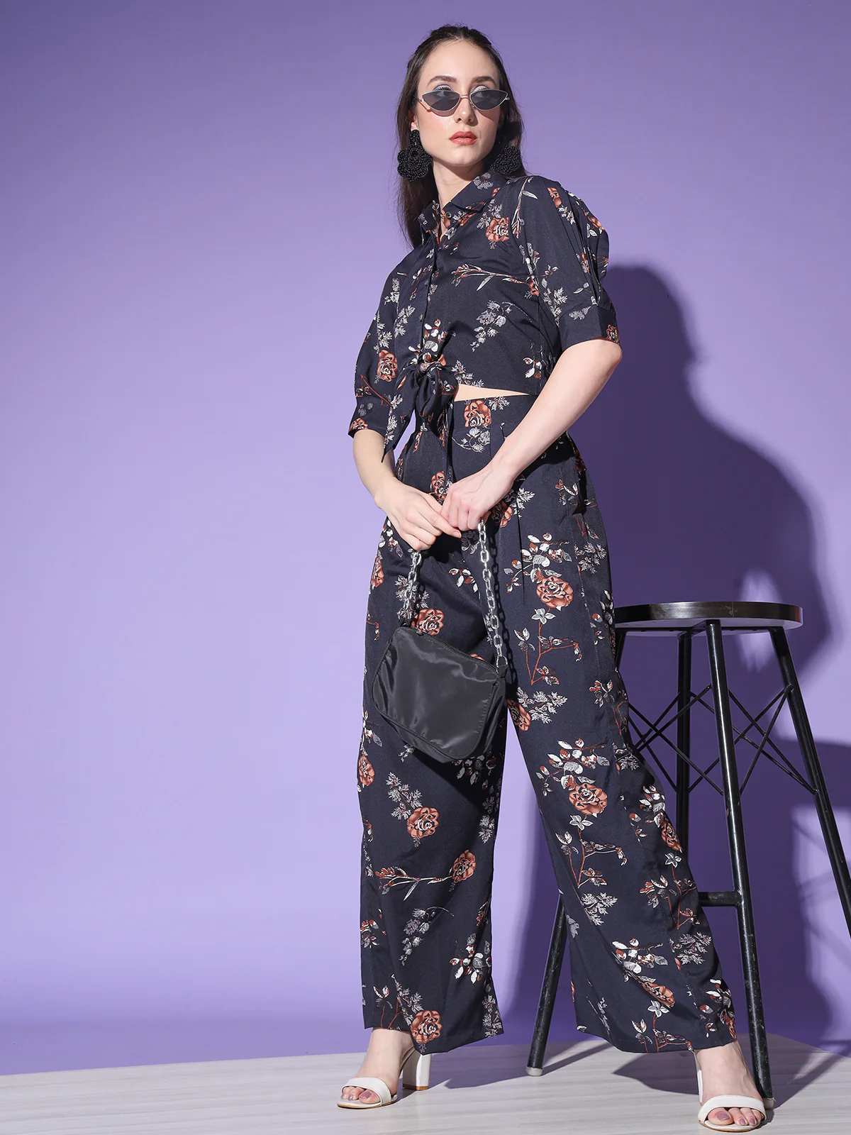Odette Women Black Floral Printed Crepe Stitched  Co Ord Set - Image 5