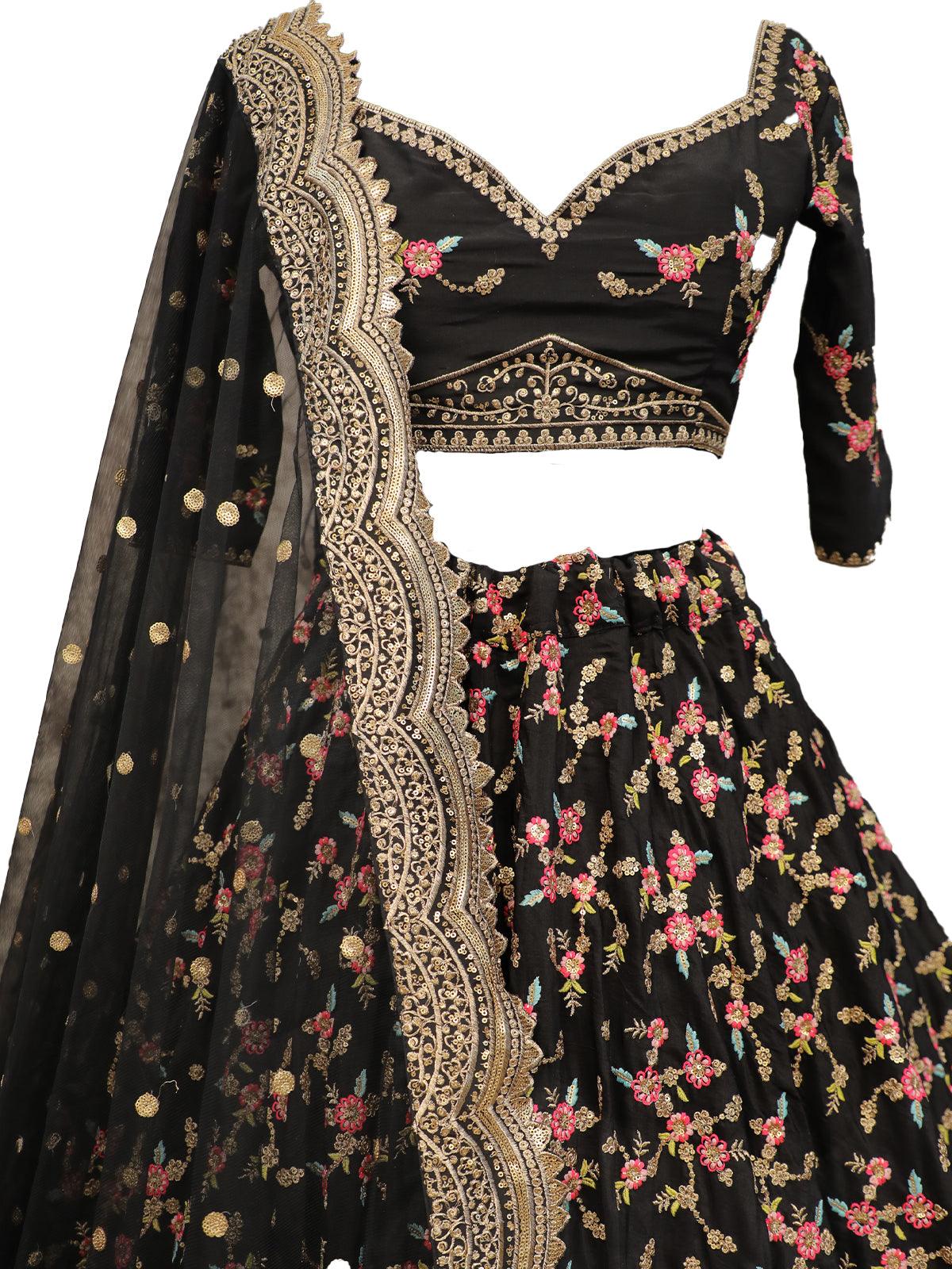 Odette Women Black Floral Sassy Semi Stitched Lehenga With Unstitched Blouse - Image 3