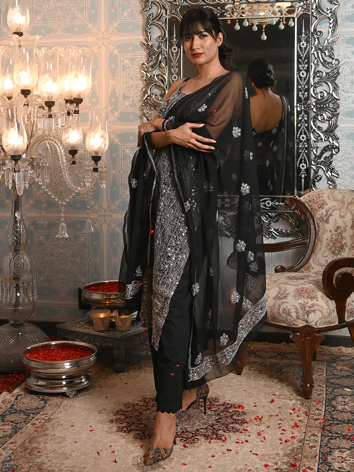 Odette Women Black Georgette Chikankari And Gotapatti Embroidered Unstitched Kurta Set - Image 2