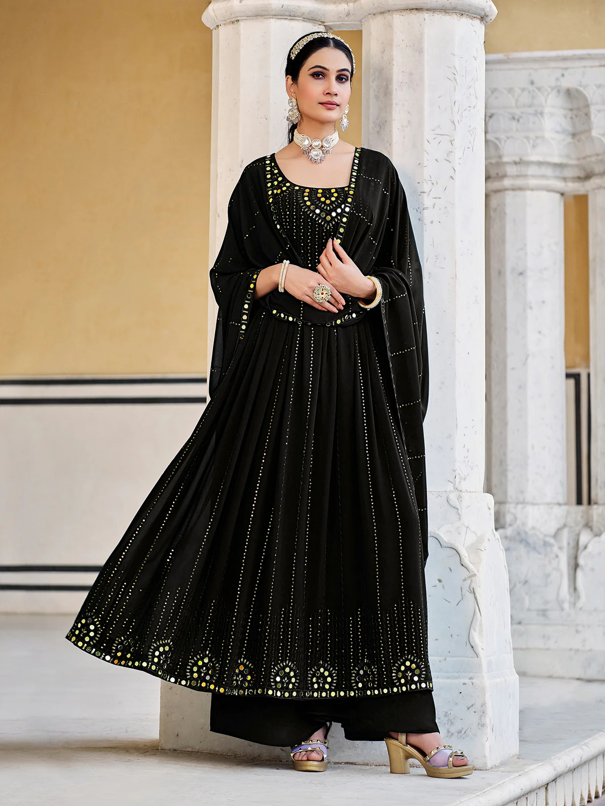 Odette Women Black Georgette Embroidered Semi Stitched Salwar Suit - Image 2