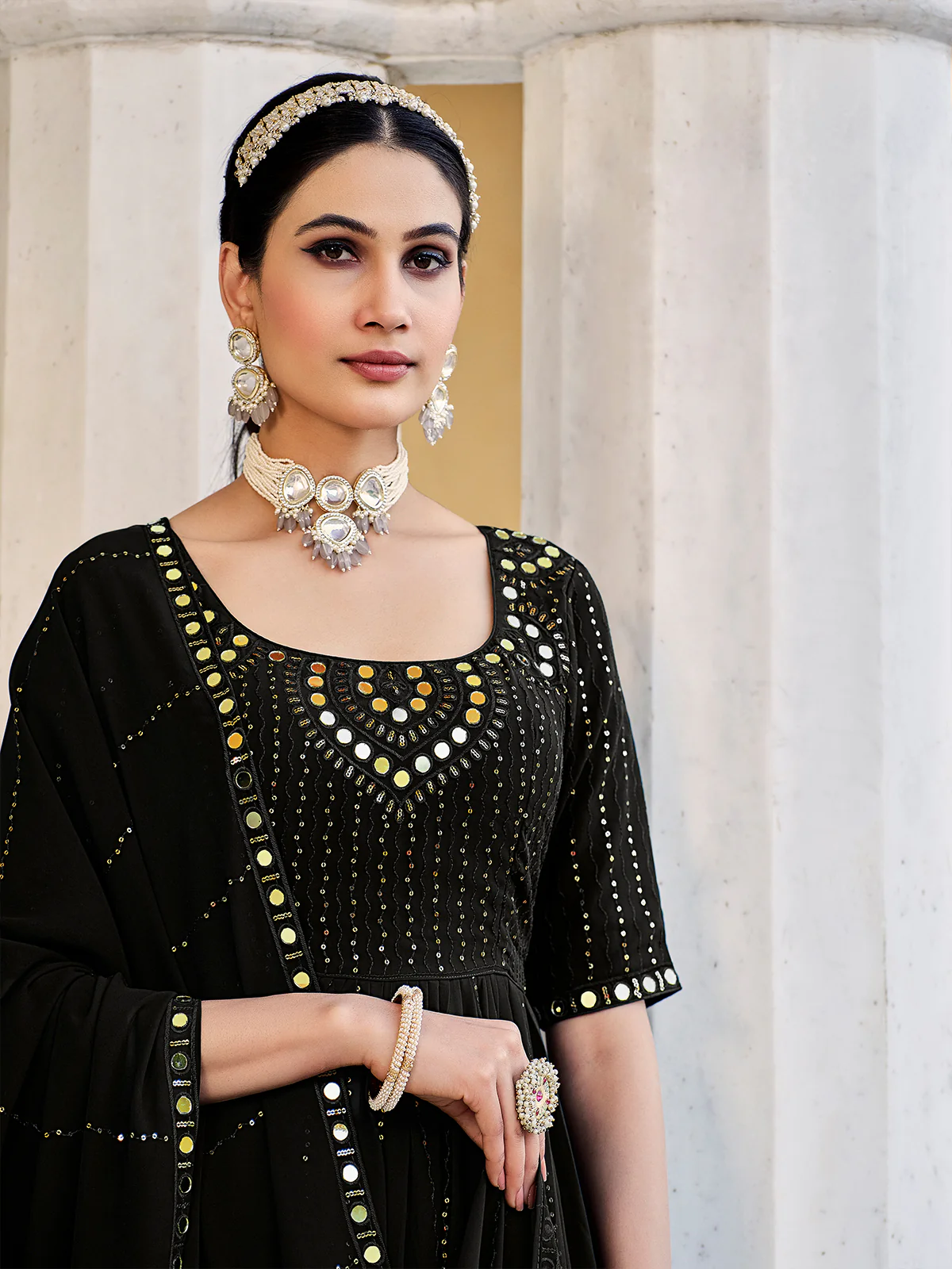 Odette Women Black Georgette Embroidered Semi Stitched Salwar Suit - Image 3