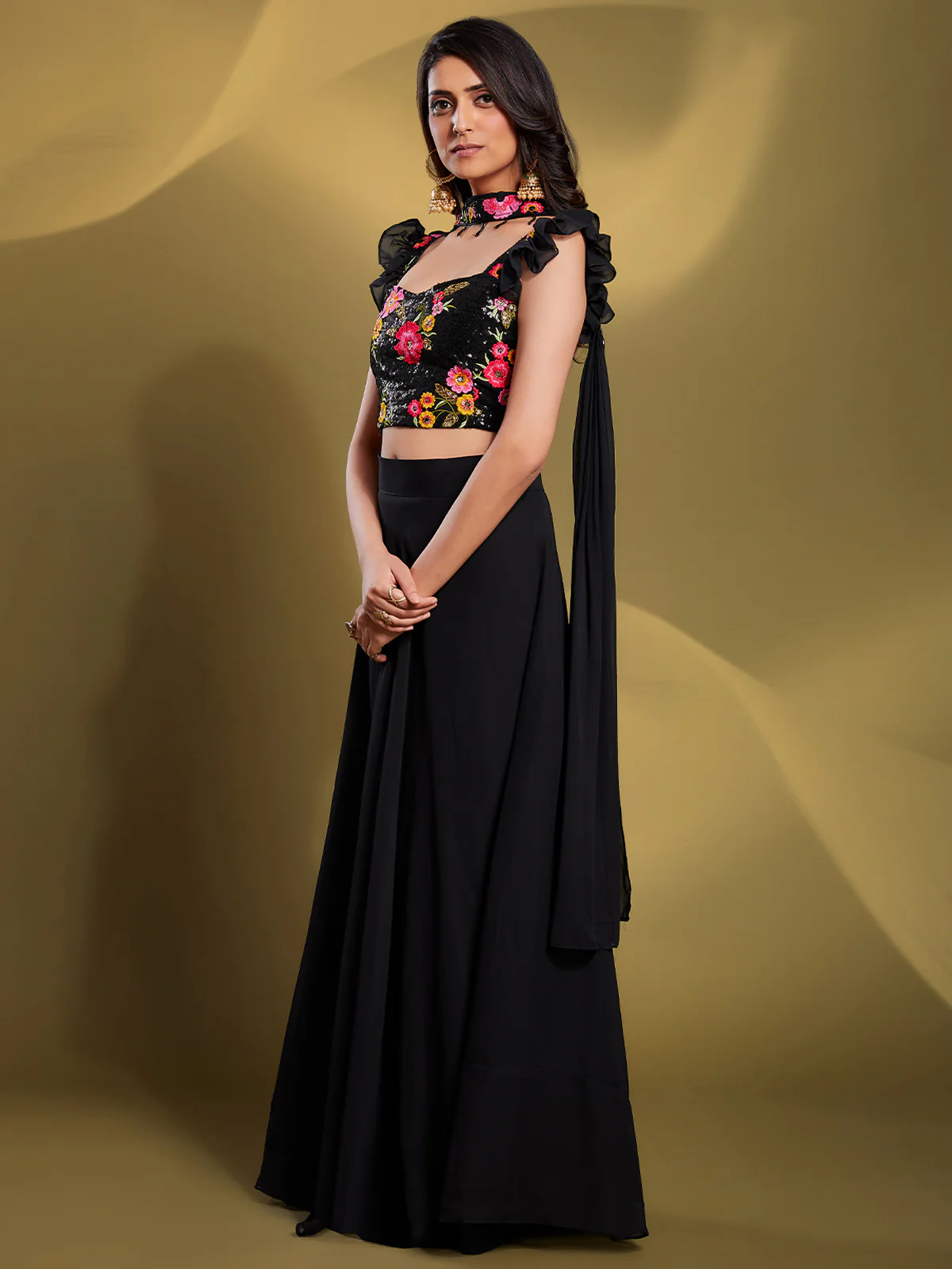 Odette Women Black Georgette Solid Stitched Lehenga Choli - Image 2