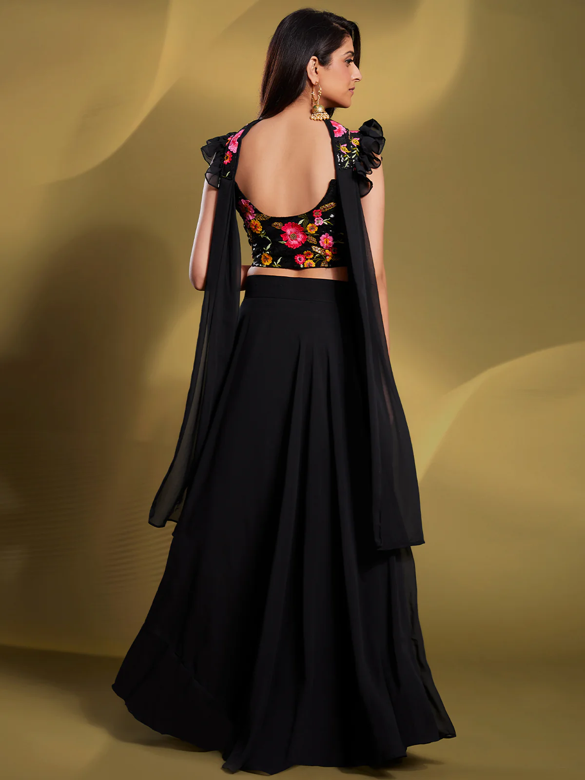 Odette Women Black Georgette Solid Stitched Lehenga Choli - Image 3