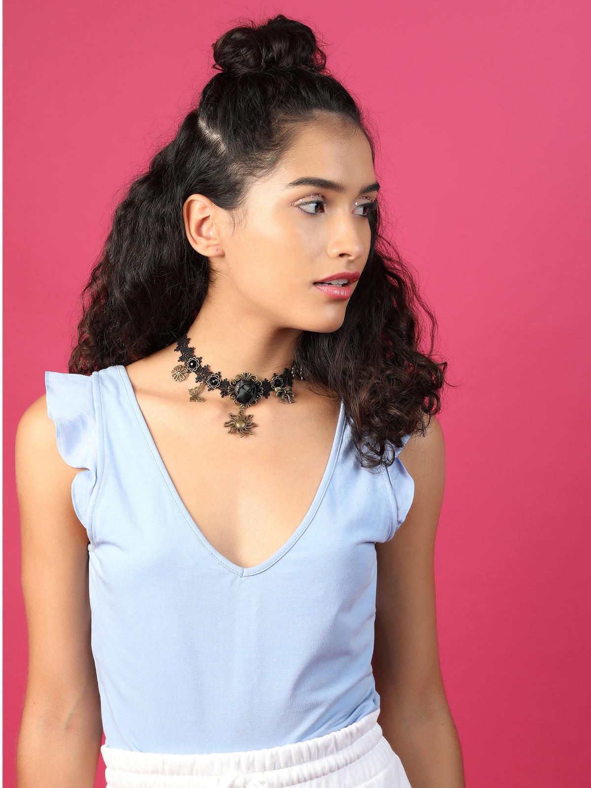 Odette Women Black Lace Statement Necklace Embellished With Charms - Image 2