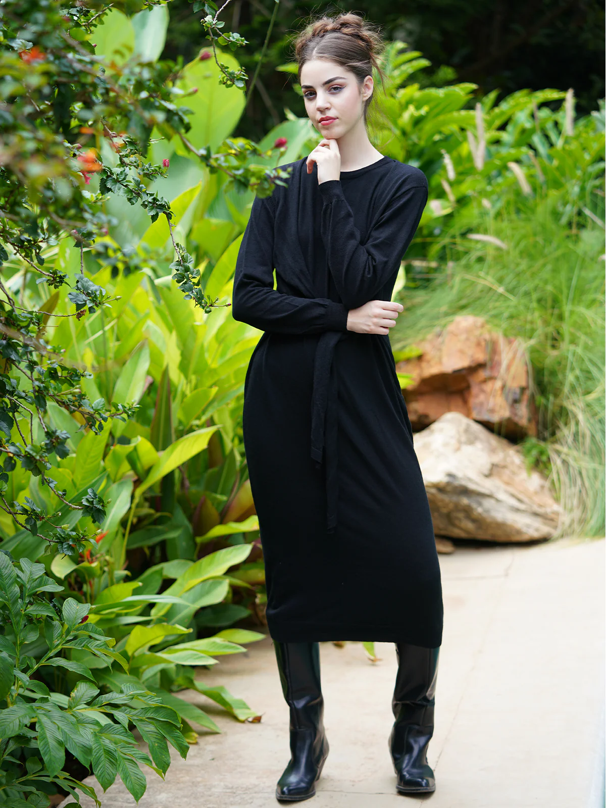 Odette Women Black Light Knit Solid Overall Long Dress - Image 2