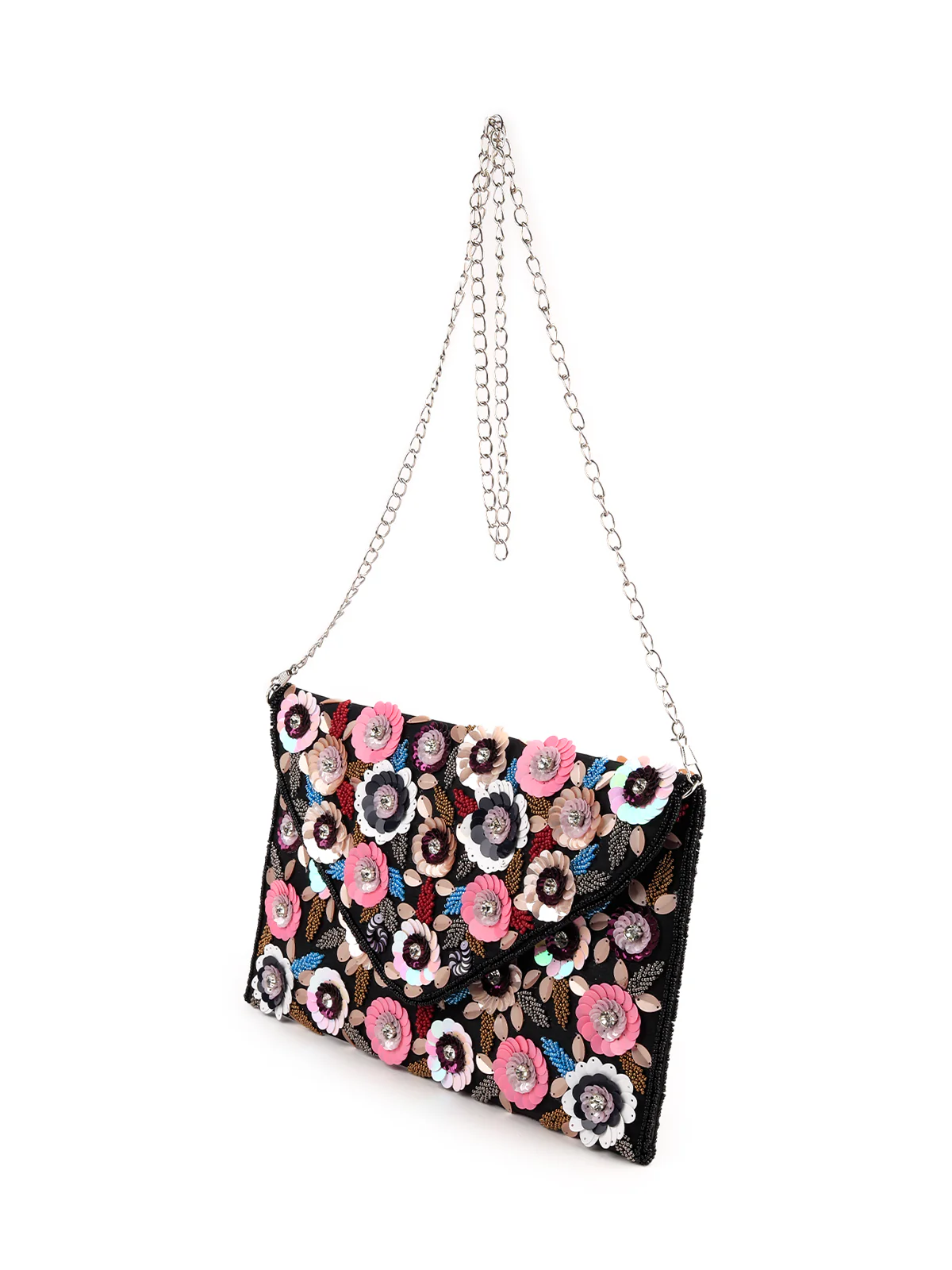 Odette Women Black Multicolour Floral Sequin Clutch - Image 4