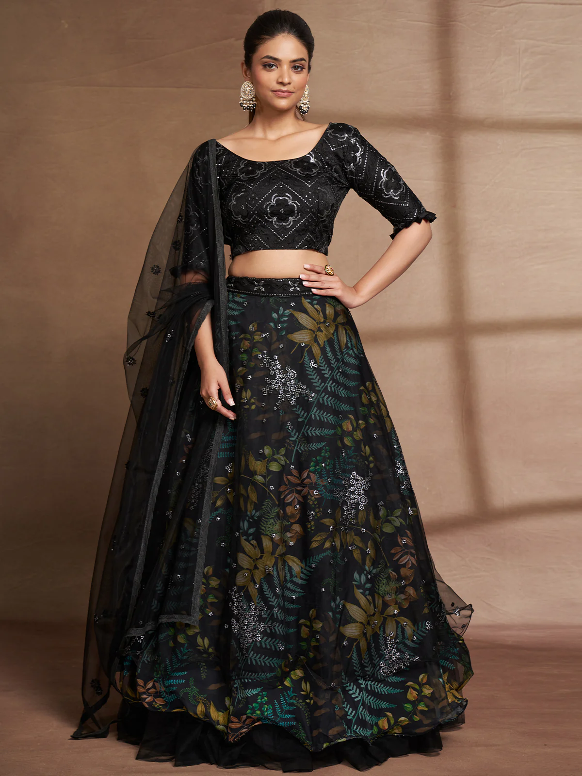 Odette Women Black Net Print With Sequins Semi Stitched Lehenga Choli - Image 2