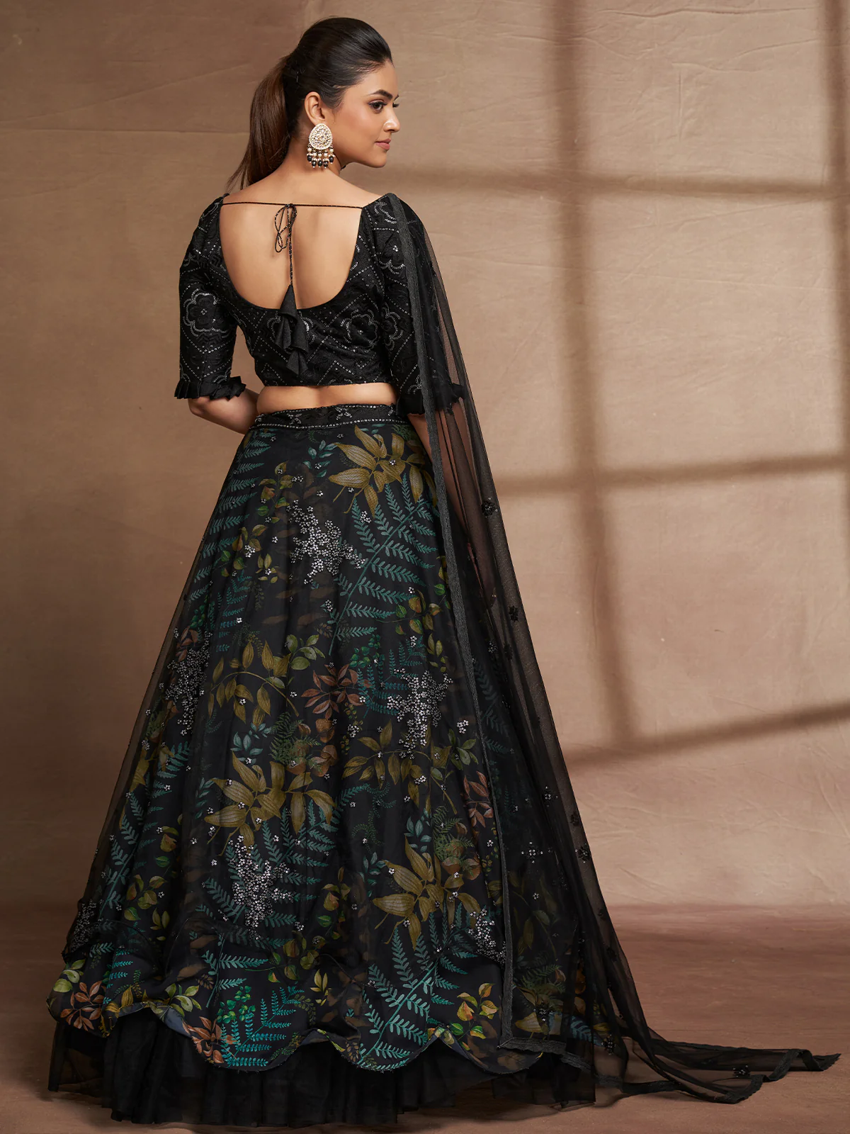 Odette Women Black Net Print With Sequins Semi Stitched Lehenga Choli - Image 3
