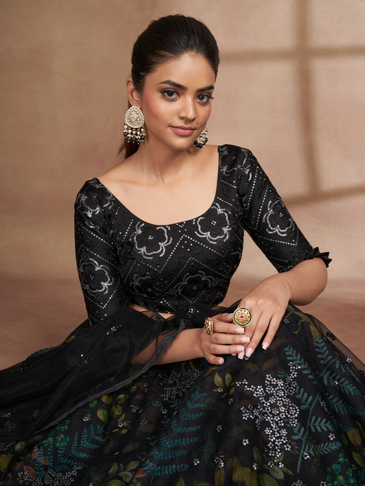 Odette Women Black Net Print With Sequins Semi Stitched Lehenga Choli - Image 5