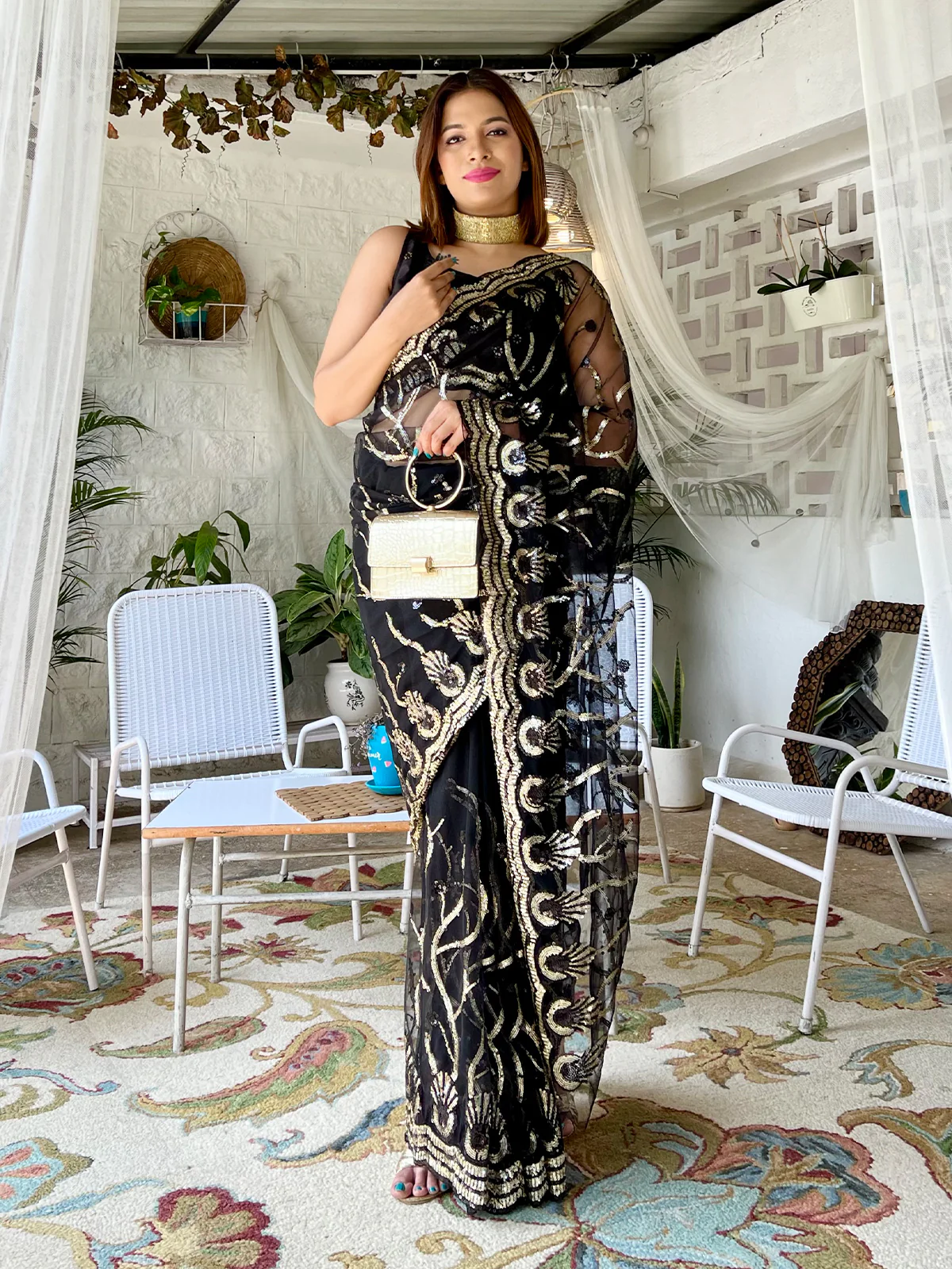 Odette Women Black Net Sequins Saree With Stitched Blouse - Image 2