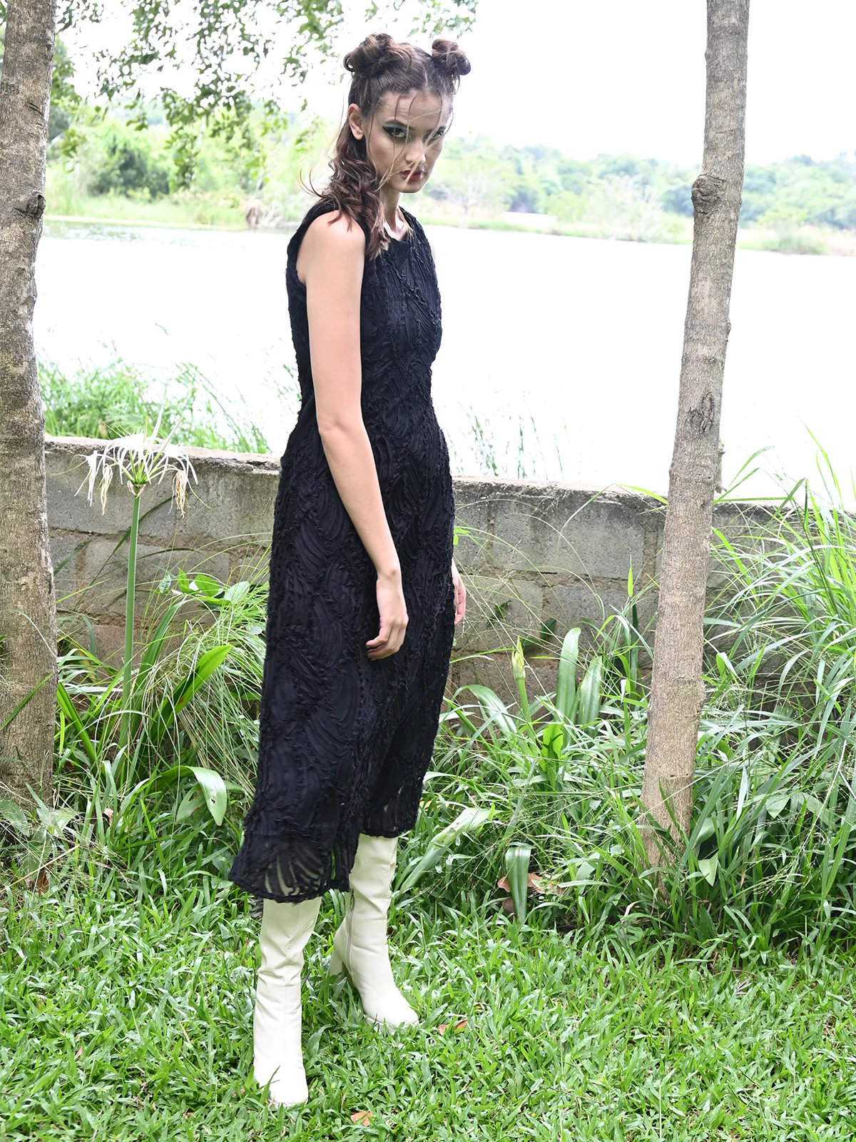 Odette Women Black Net With Applic Work Stitched Dress - Image 2