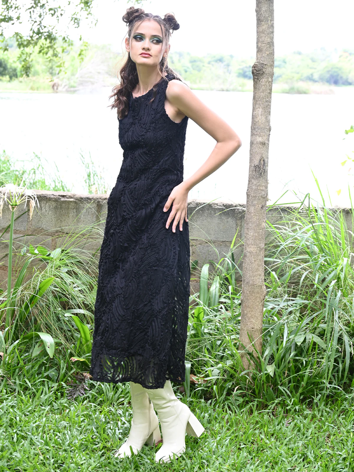Odette Women Black Net With Applic Work Stitched Dress - Image 3