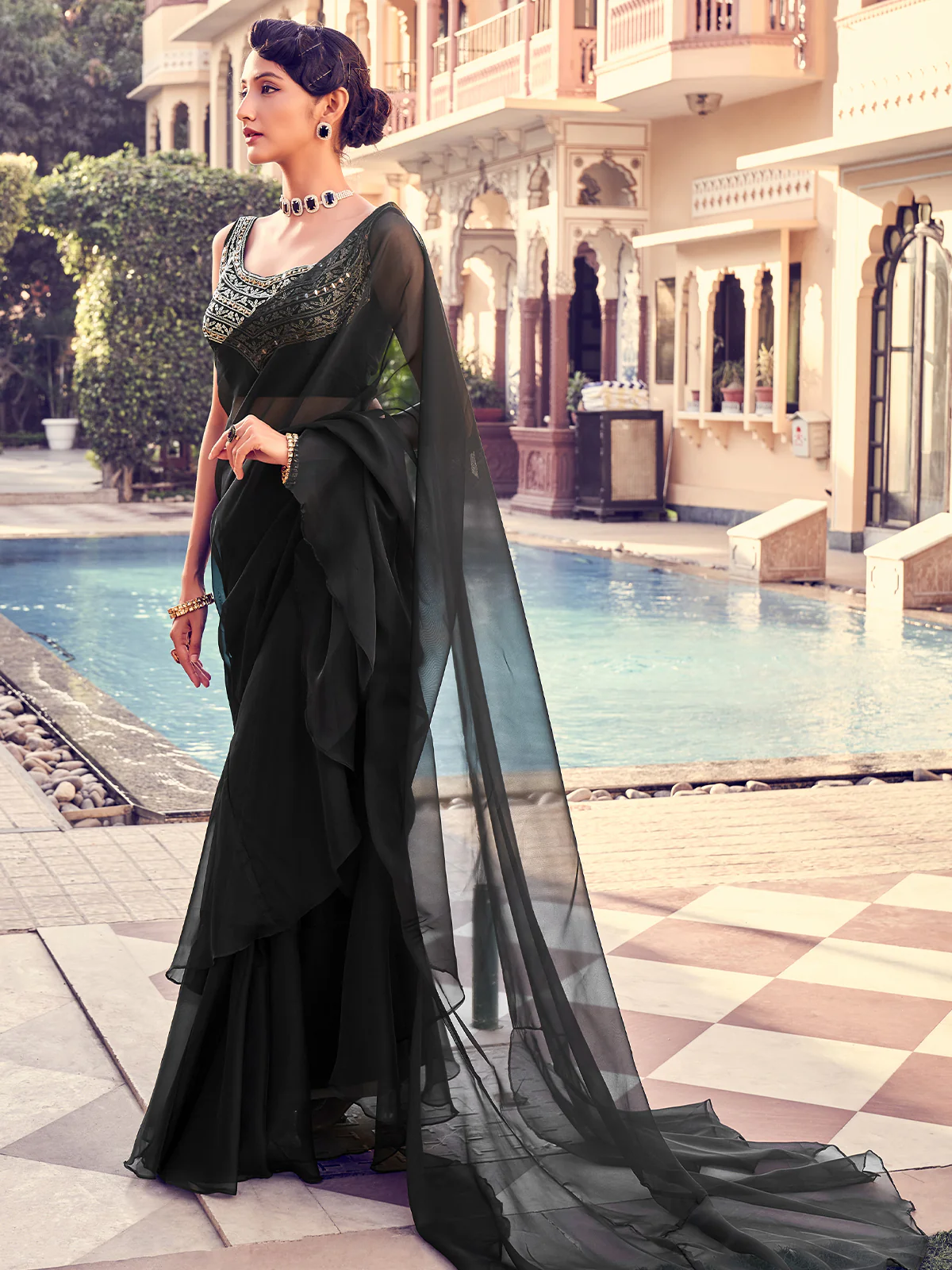 Odette Women Black Organza Solid Saree With Blouse Piece - Image 2