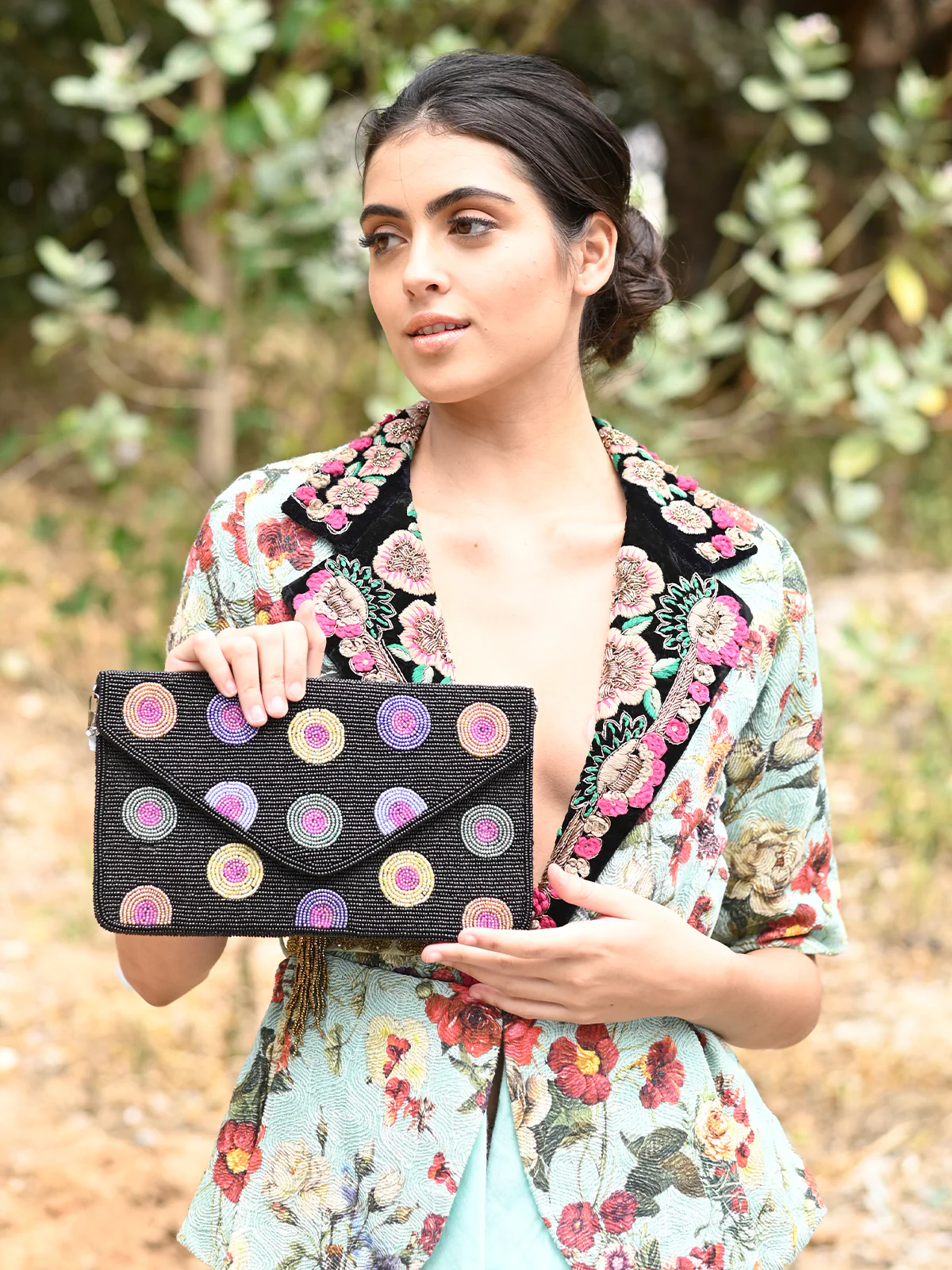 Odette Women Black Patterned And Beaded Sling Bag - Image 2