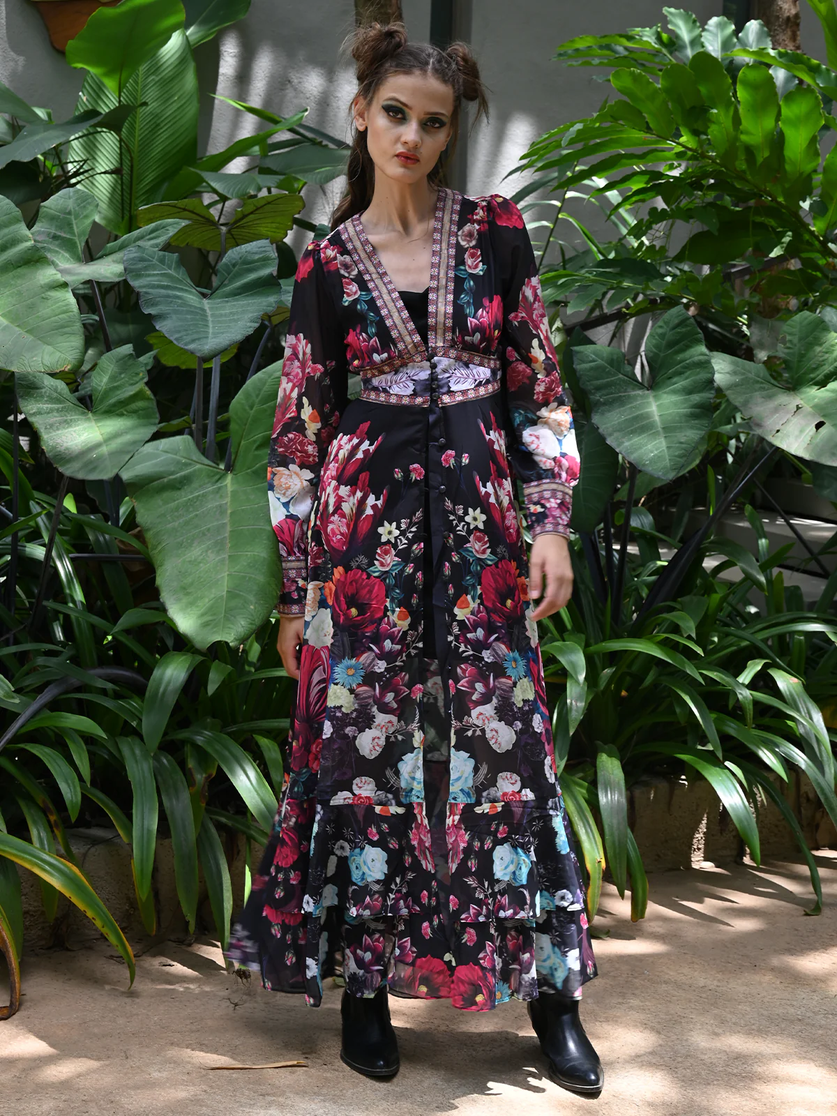 Odette Women Black Poly Georgette Printed Long Dress - Image 2