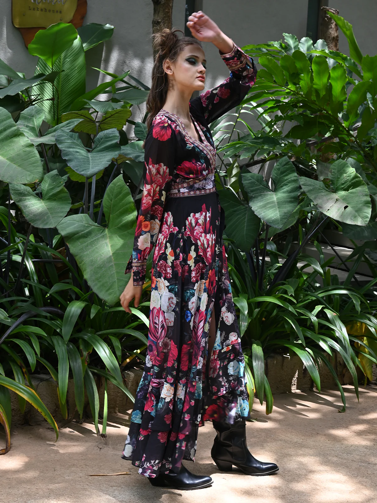 Odette Women Black Poly Georgette Printed Long Dress - Image 3