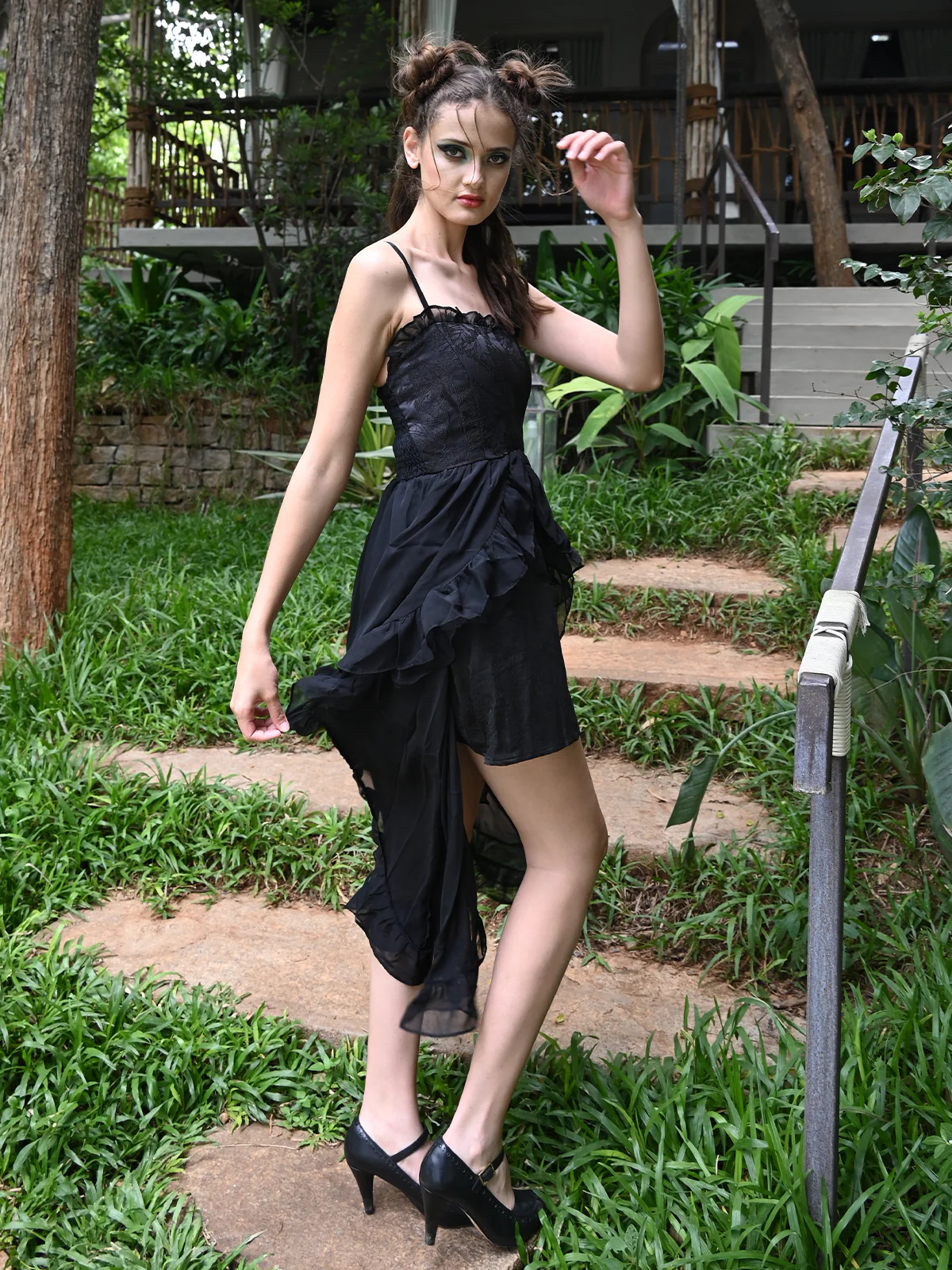 Odette Women Black Polyester Georgette Solid Stitched Dress - Image 3
