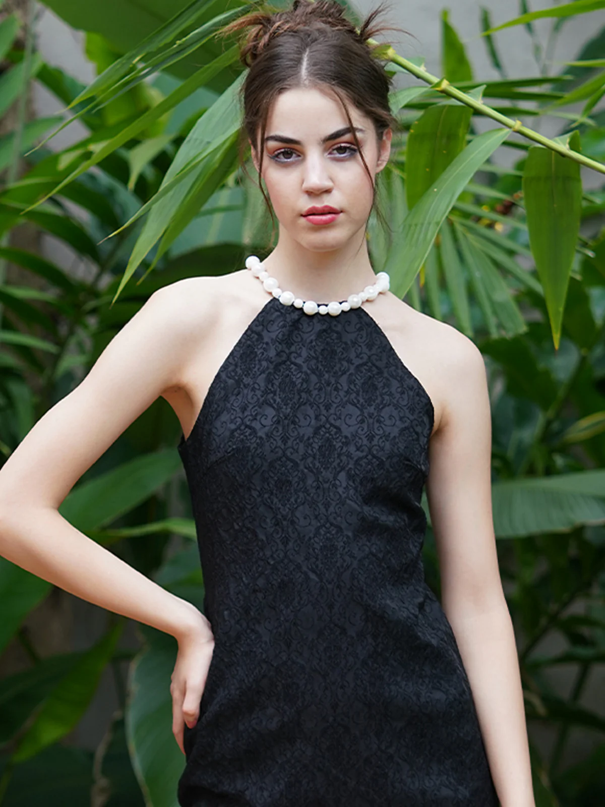 Odette Women Black Polyester Jacquard Solid Stitched Dress - Image 5