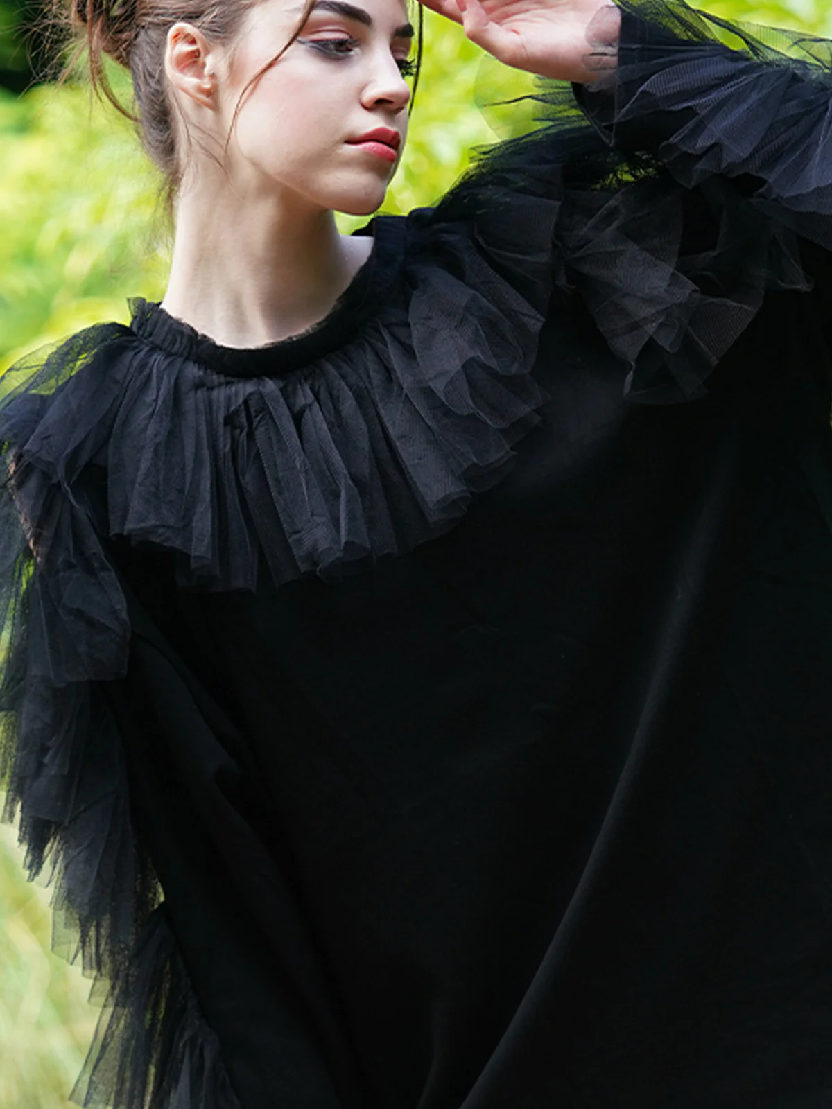 Odette Women Black Polyester Lycra With Net Ruffles Short Dress - Image 5