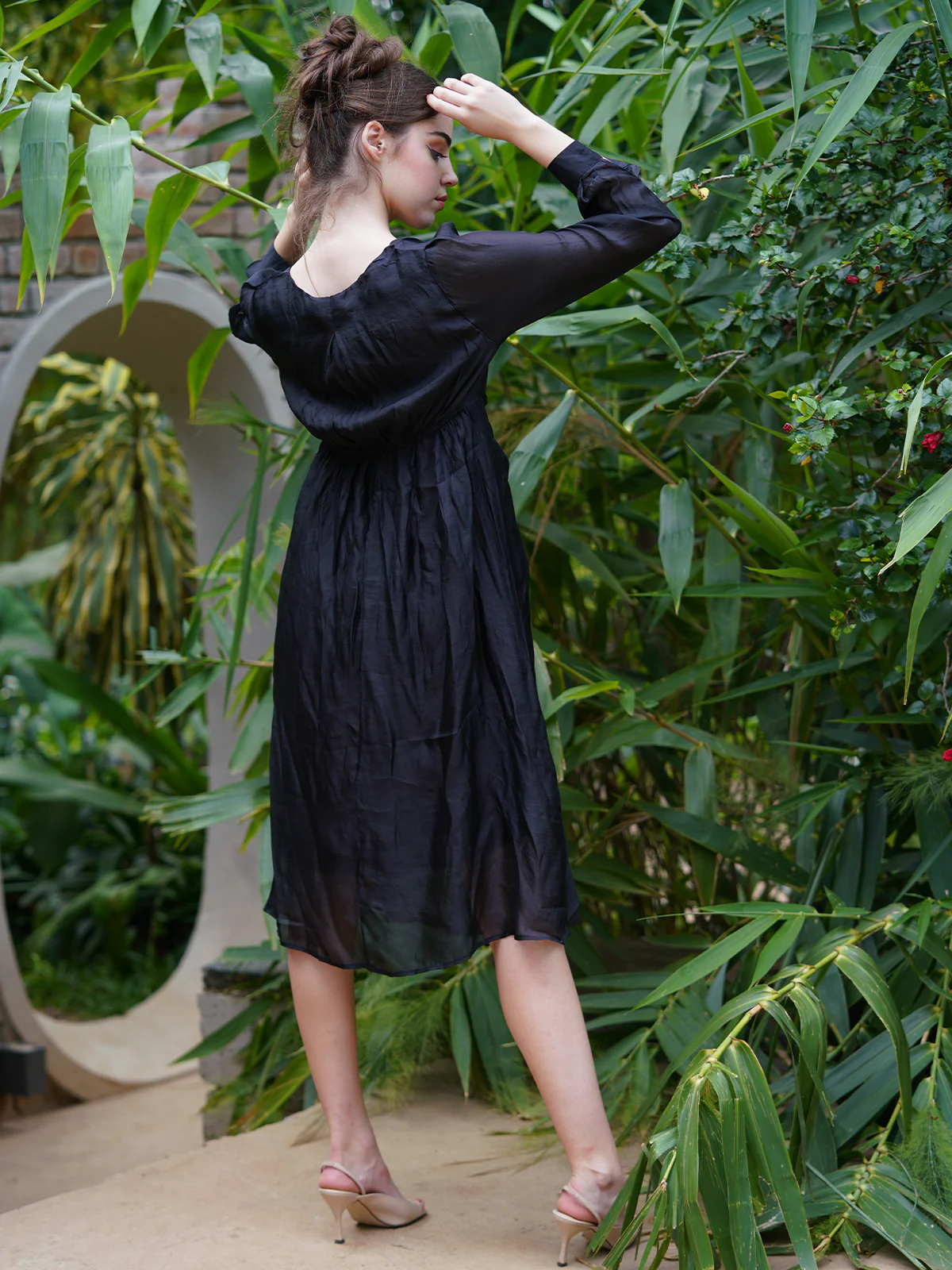 Odette Women Black Polyester Voil Solid Stitched Dress - Image 4