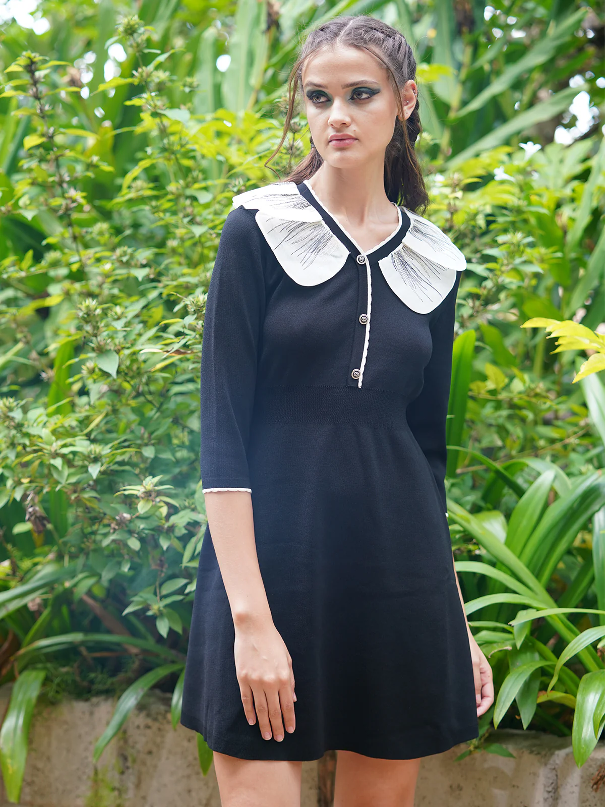 Odette Women Black Rib With Polyester Solid Stitched Dress - Image 2