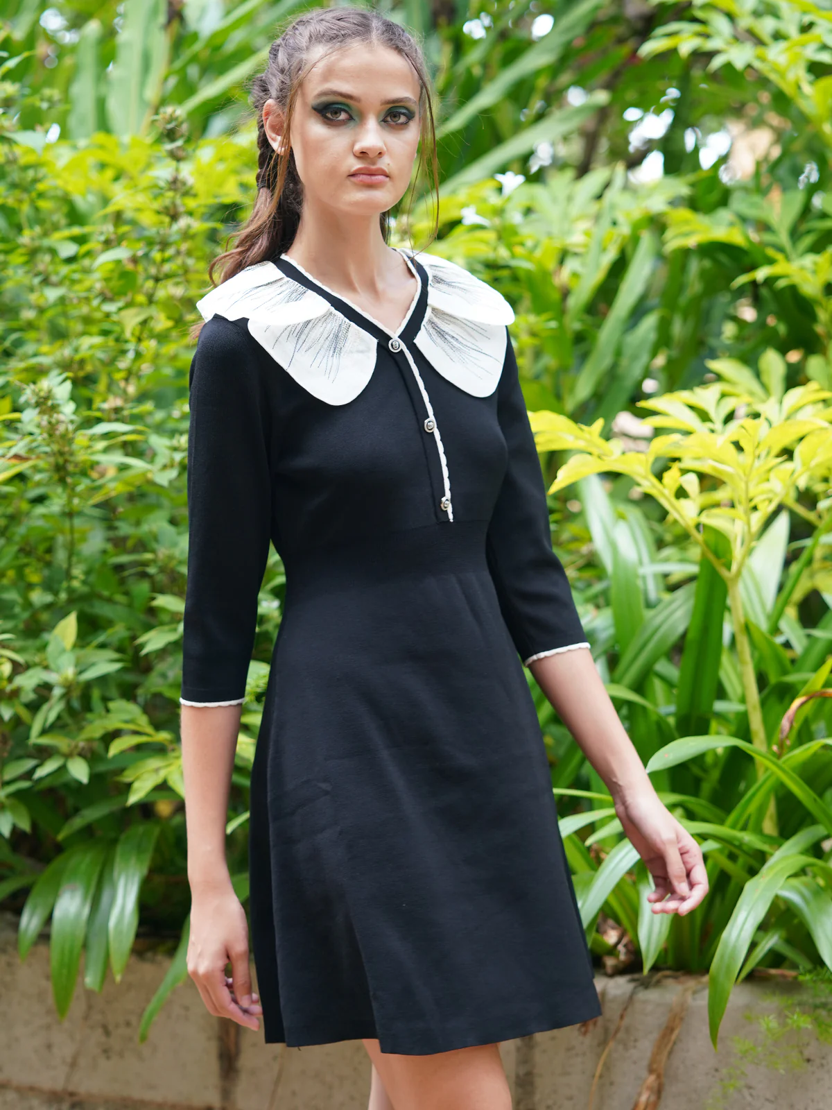 Odette Women Black Rib With Polyester Solid Stitched Dress - Image 3