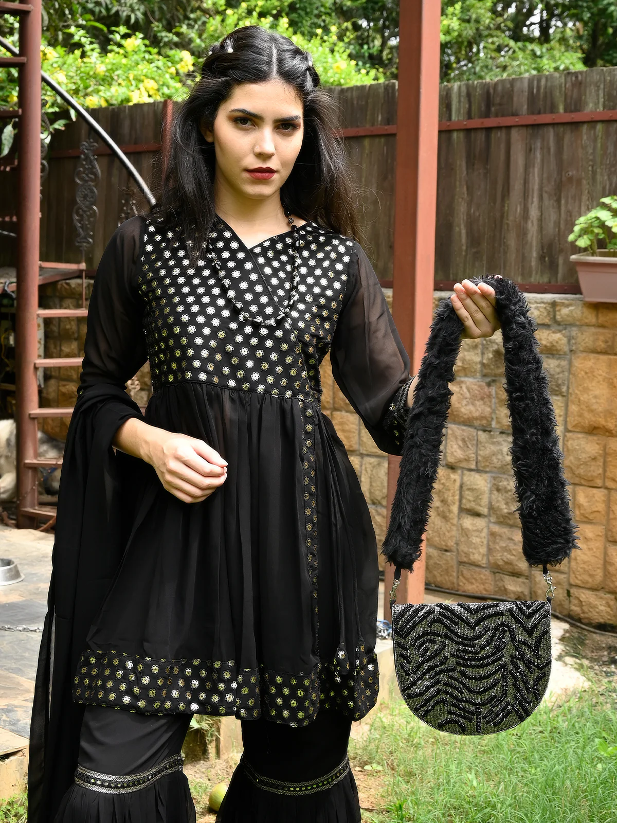Odette Women Black Soft Fur Handle Beads Bag - Image 2