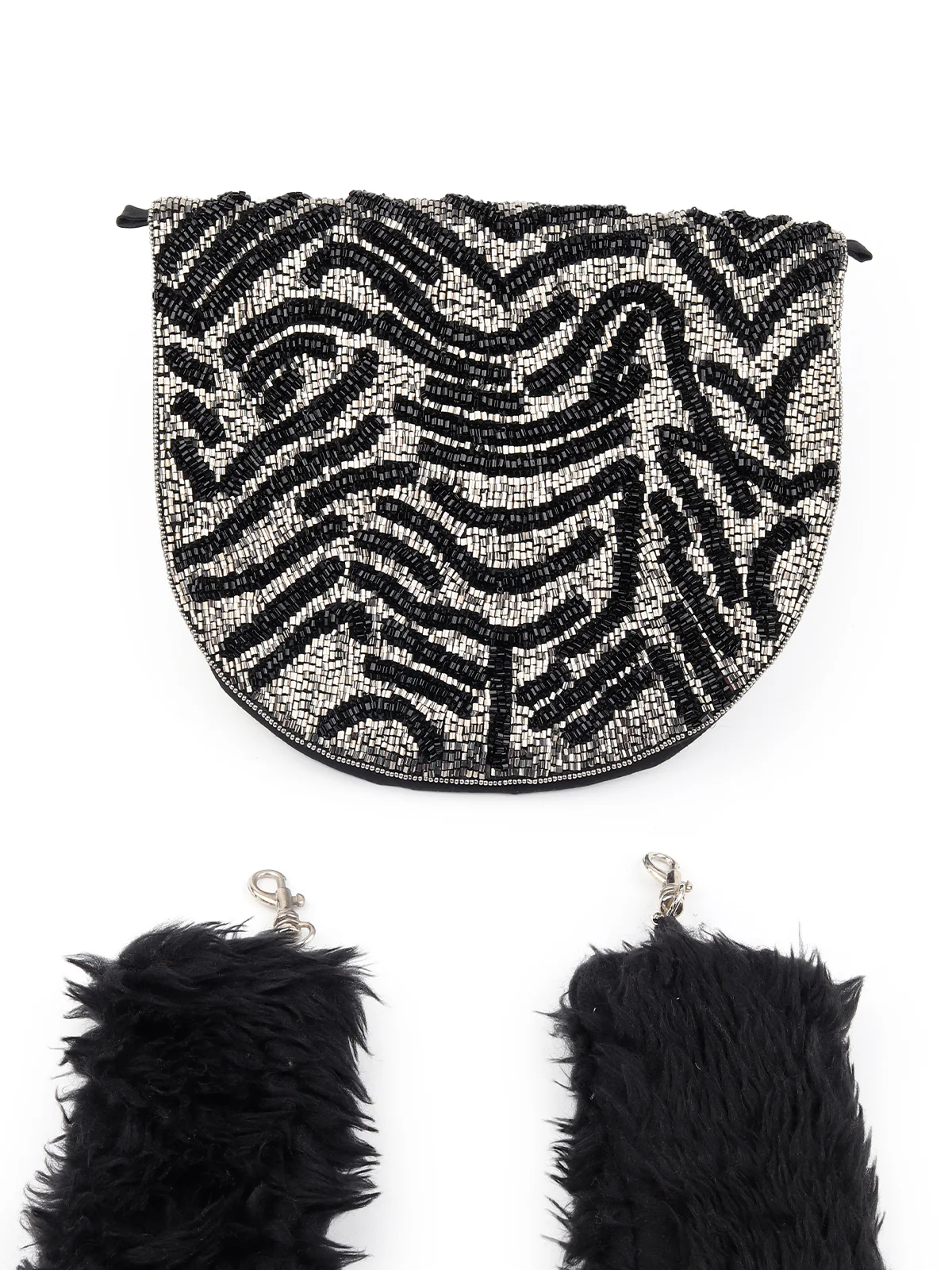 Odette Women Black Soft Fur Handle Beads Bag - Image 3