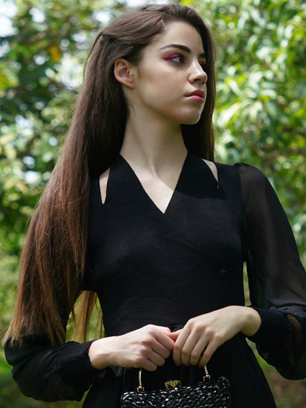 Odette Women Black Solid Rib With Chiffon Stitched Dress - Image 5