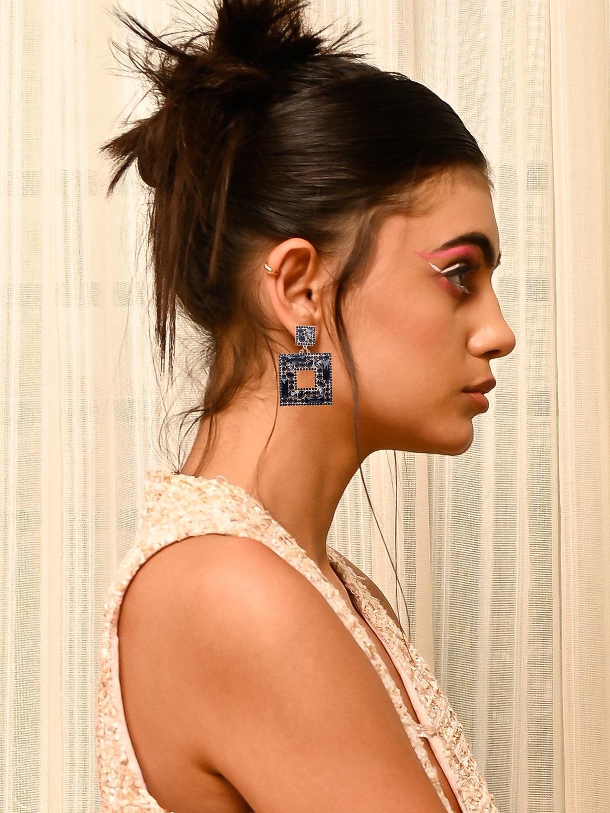 Odette Women Black Structured Metal Statement Earrings - Image 2