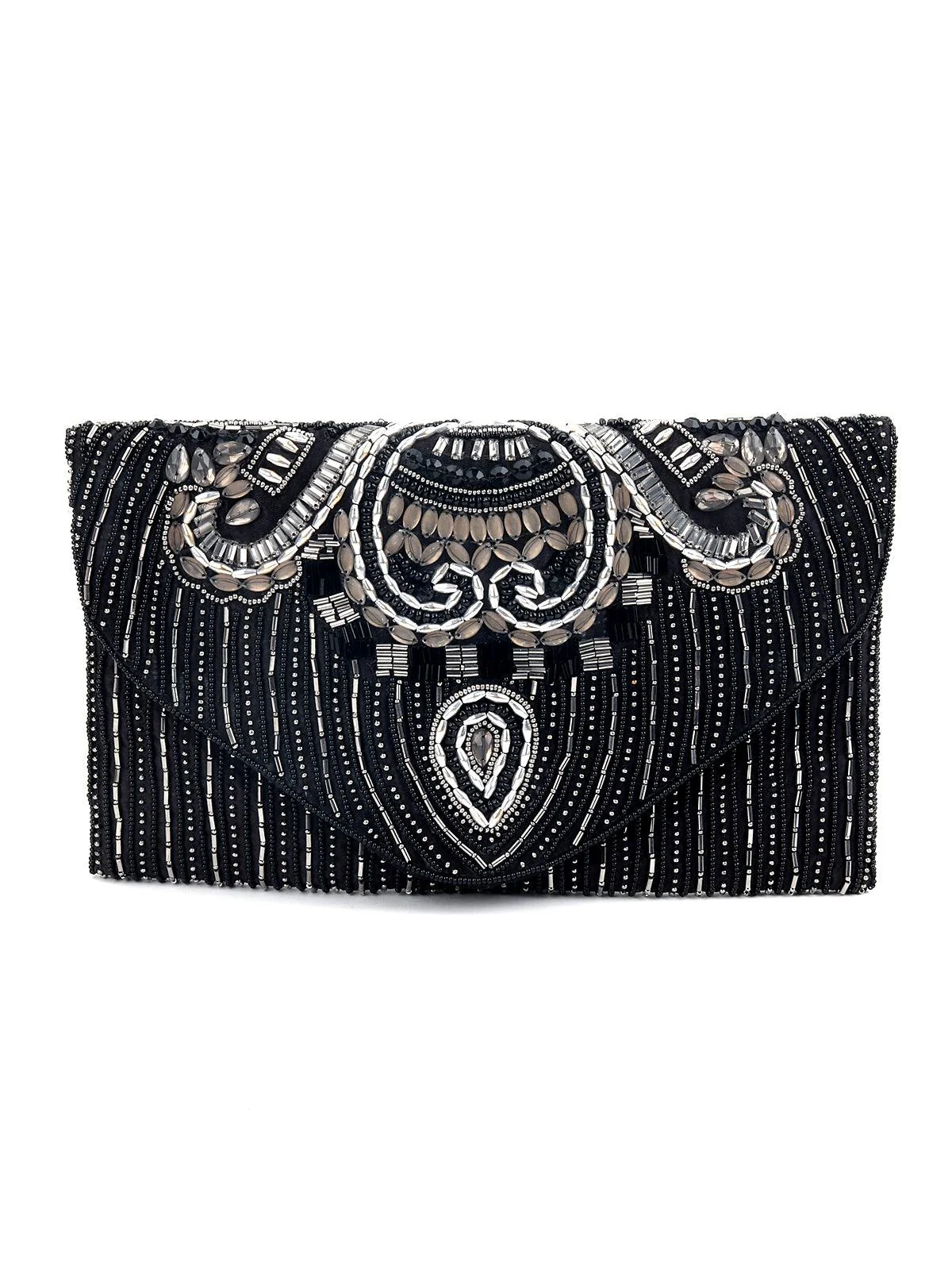 Odette Women Black Trendy Beaded Envelope Clutch - Image 5