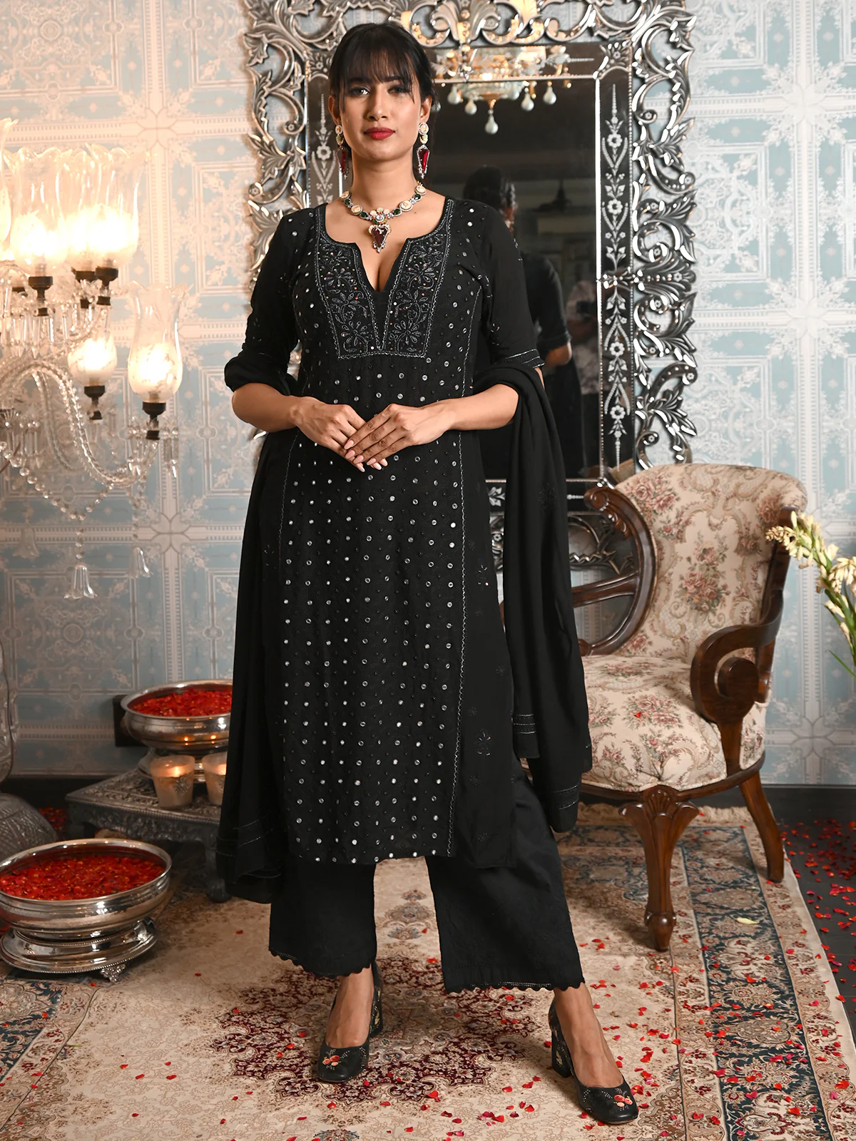 Odette Women Viscose Chikankari Beads Embroidered Unstitched Kurta Set - Image 2