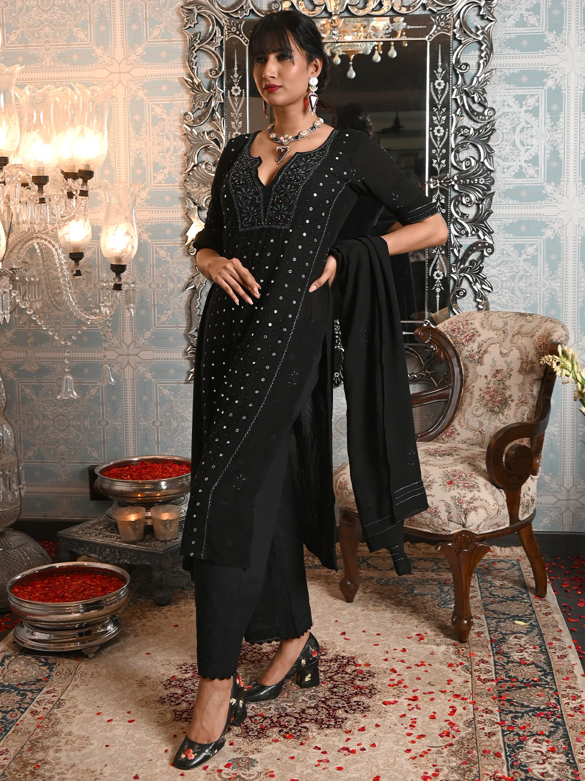 Odette Women Viscose Chikankari Beads Embroidered Unstitched Kurta Set - Image 3