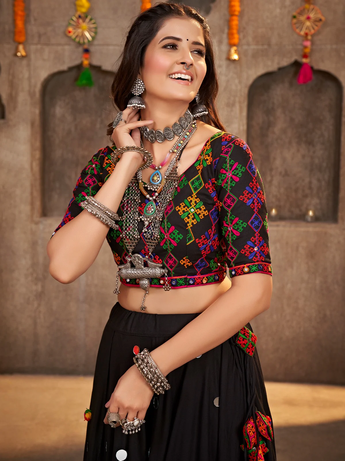 Odette Black Viscose Rayon Embroidered Semi Stitched Lehenga Choli For Women - Image 4