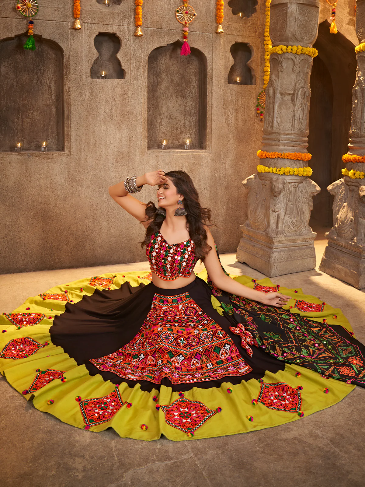 Odette Black Viscose Rayon Embroidered Stitched Lehenga With Unstitched Choli Set For Women - Image 3