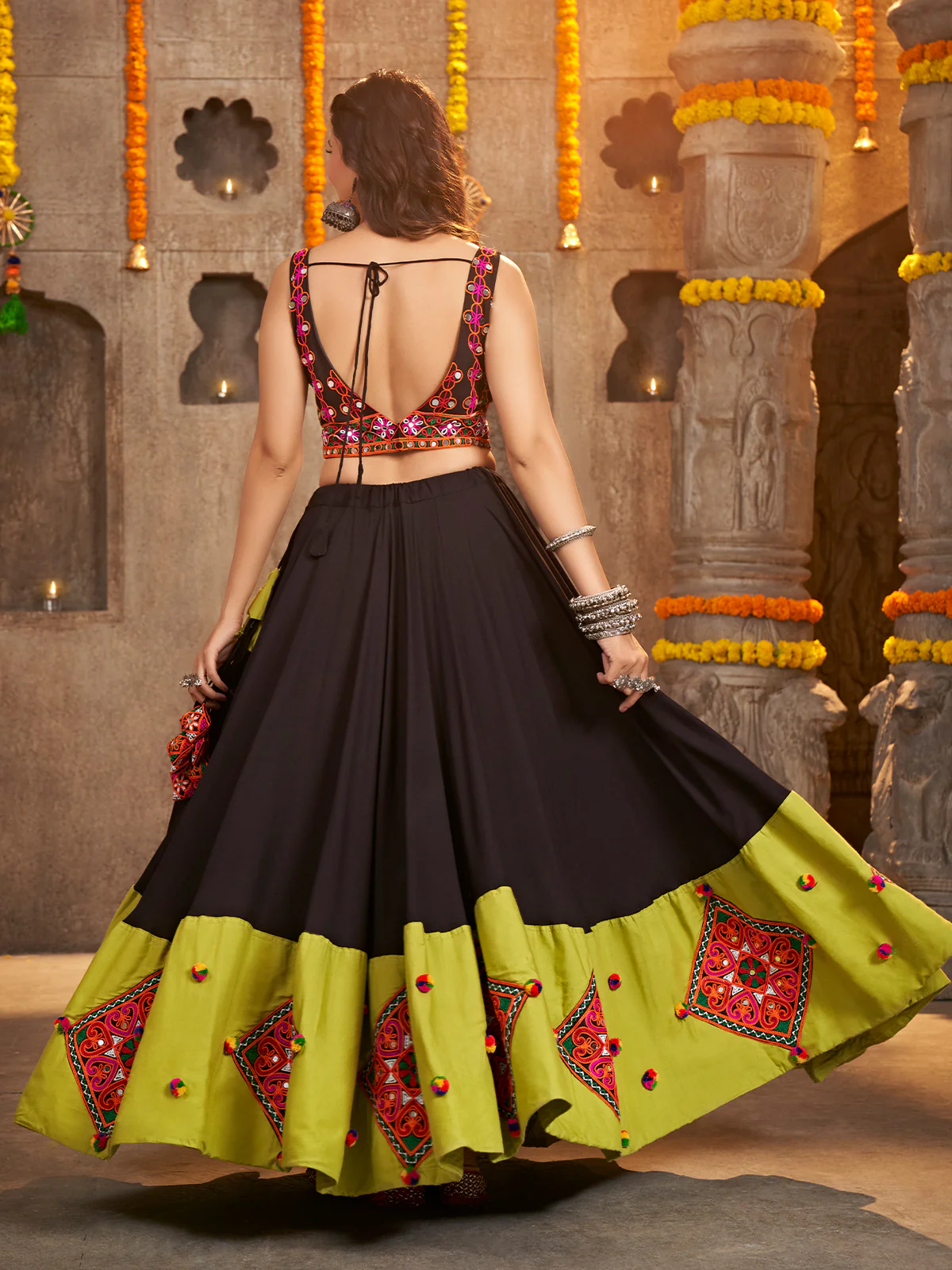 Odette Black Viscose Rayon Embroidered Stitched Lehenga With Unstitched Choli Set For Women - Image 5