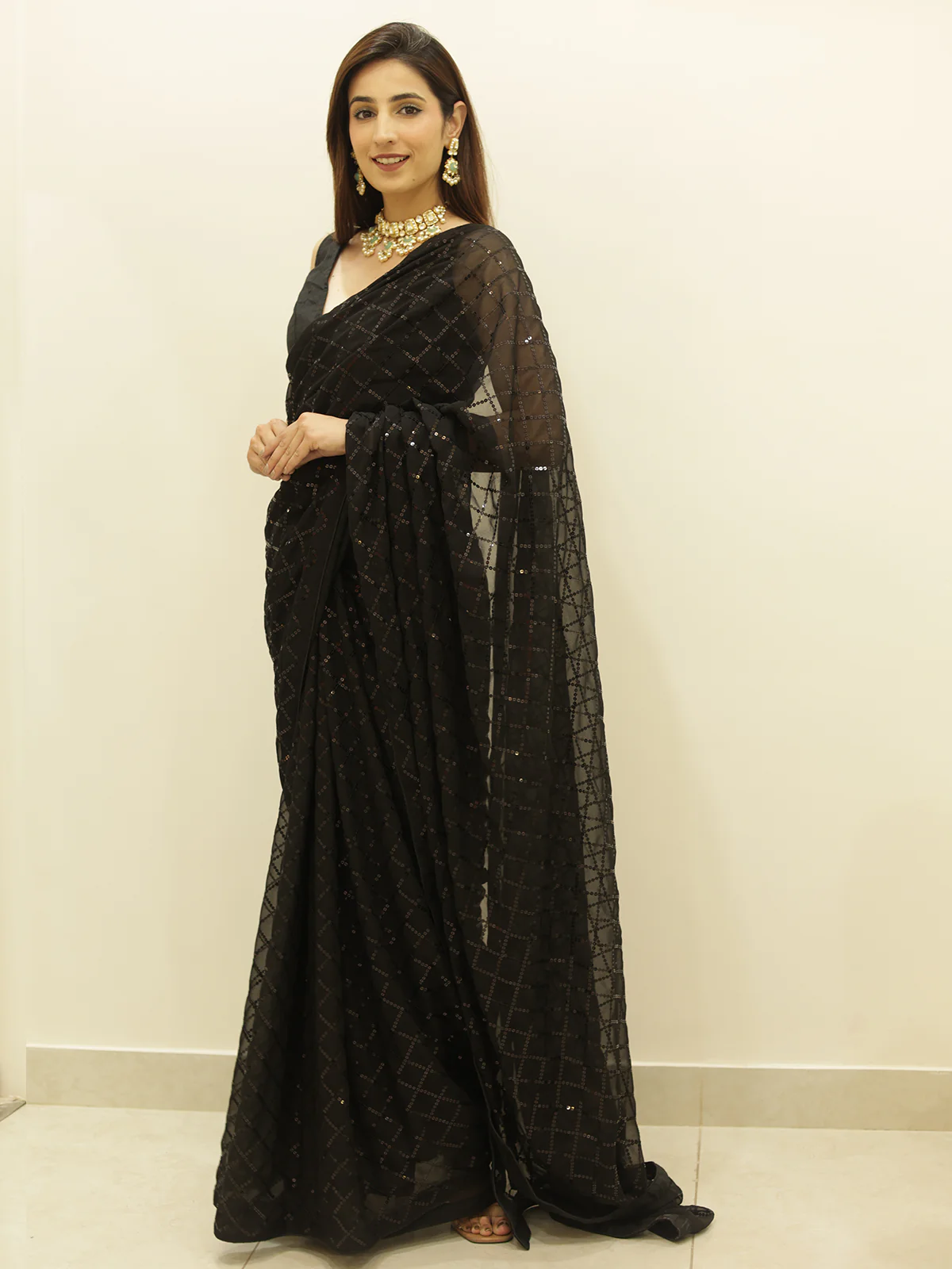Odette Women Black Designer Sequins Saree With Unstitched Blouse - Image 3