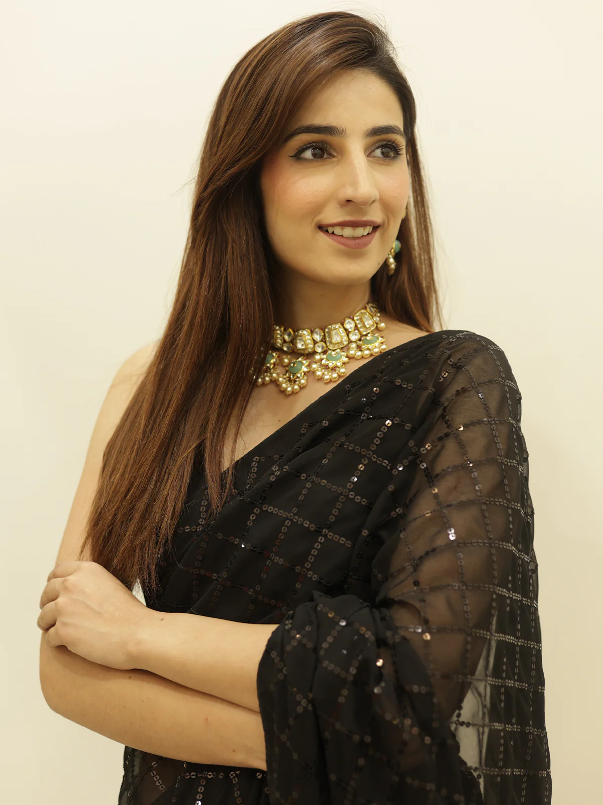 Odette Women Black Designer Sequins Saree With Unstitched Blouse - Image 5