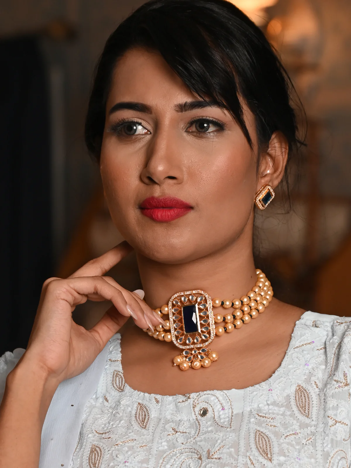 Odette Blue And Gold Pearl And Kundan Necklace Set For Women - Image 2