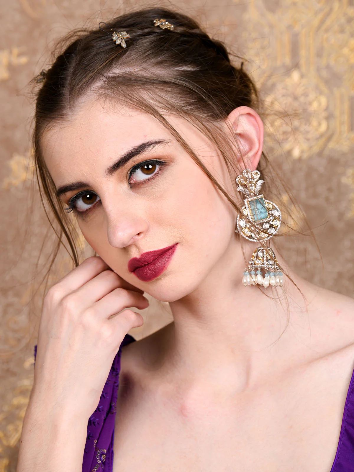 Odette Women Blue And Silver Jhumki Earrings - Image 2