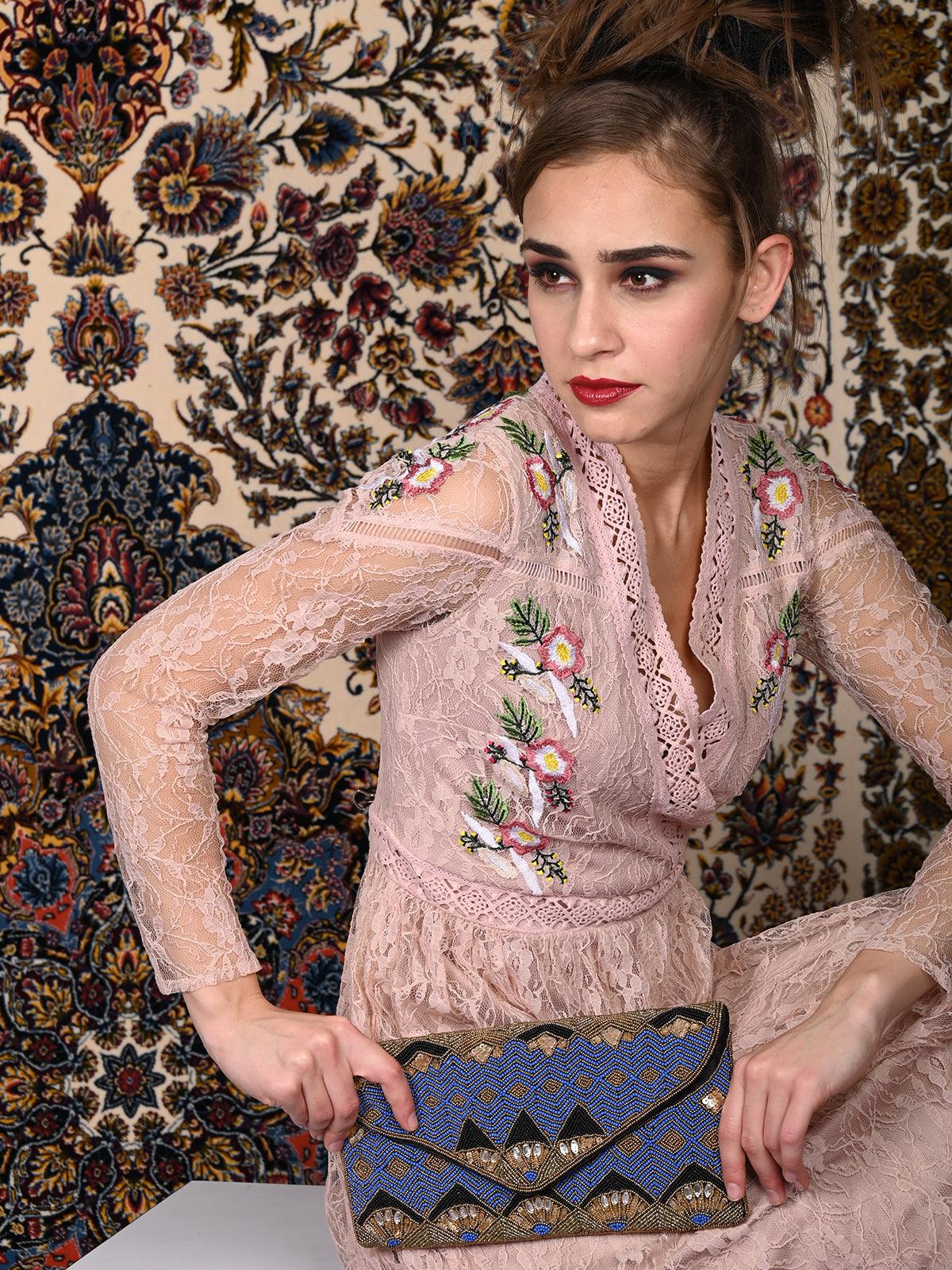 Odette Women Orchid Blue Beaded Envelope Clutch! - Image 2