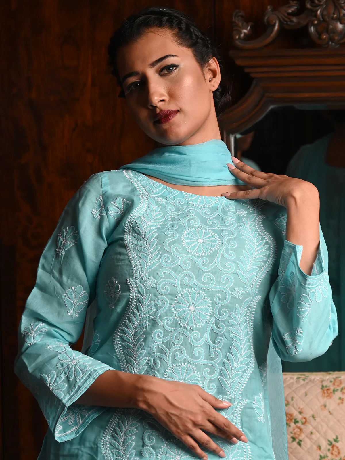 Odette Women Blue Cotton Chikankari Embroidered Stitched Kurta With Dupatta - Image 2