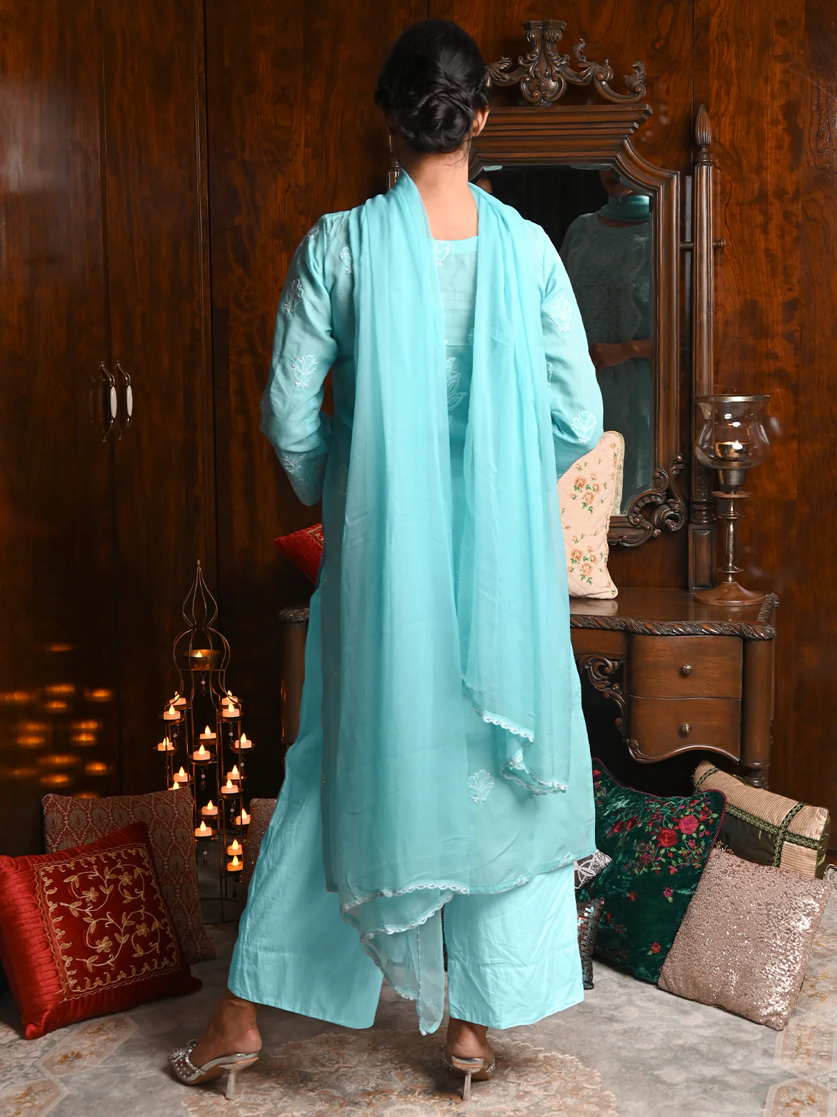 Odette Women Blue Cotton Chikankari Embroidered Stitched Kurta With Dupatta - Image 3