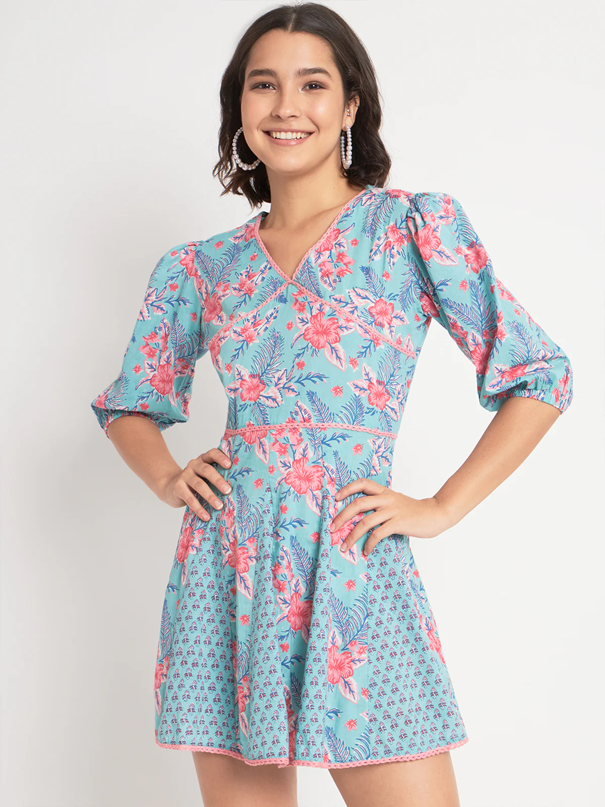 Odette Women Blue Cotton Floral Prtinted Indo Western Dress - Image 2