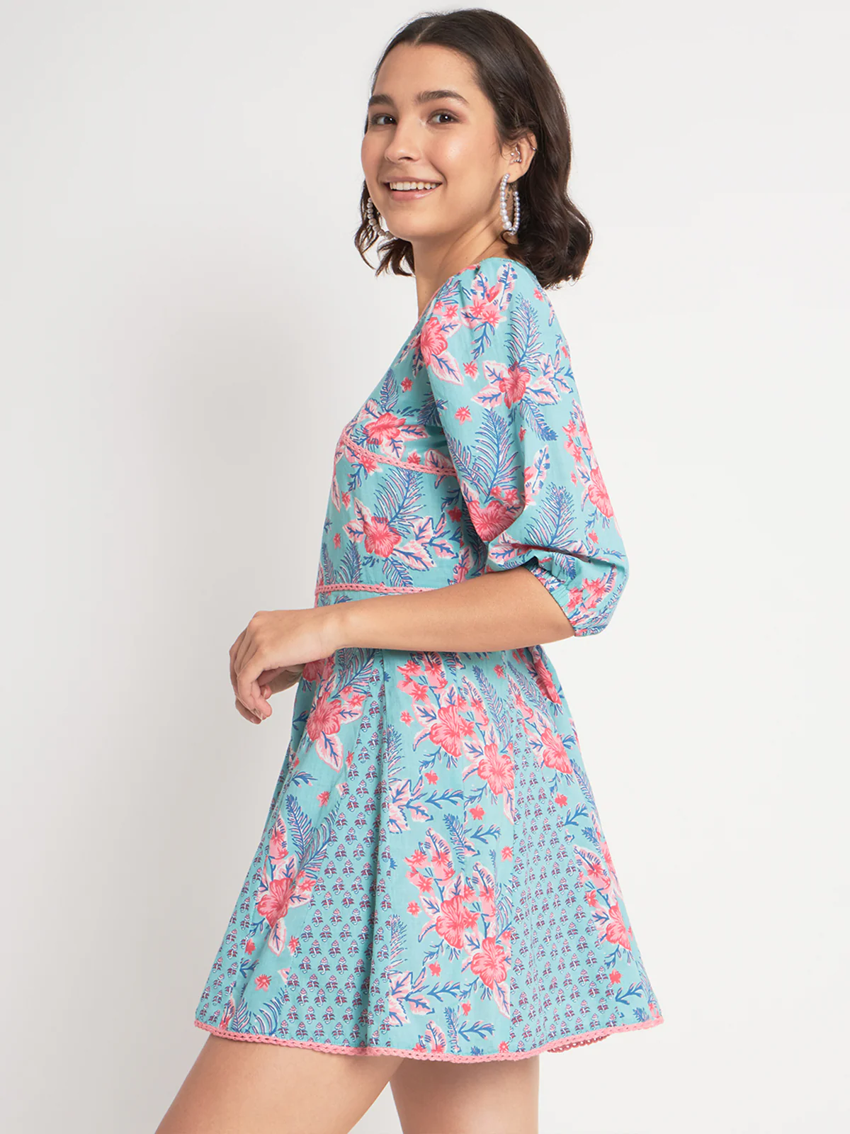 Odette Women Blue Cotton Floral Prtinted Indo Western Dress - Image 3