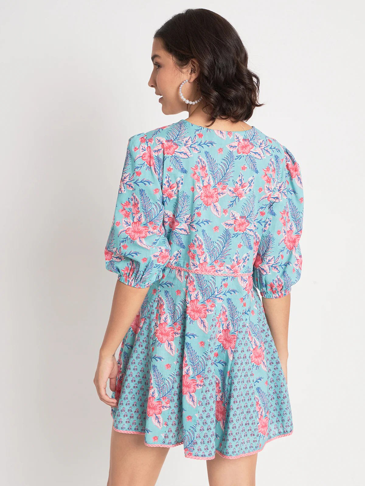 Odette Women Blue Cotton Floral Prtinted Indo Western Dress - Image 5