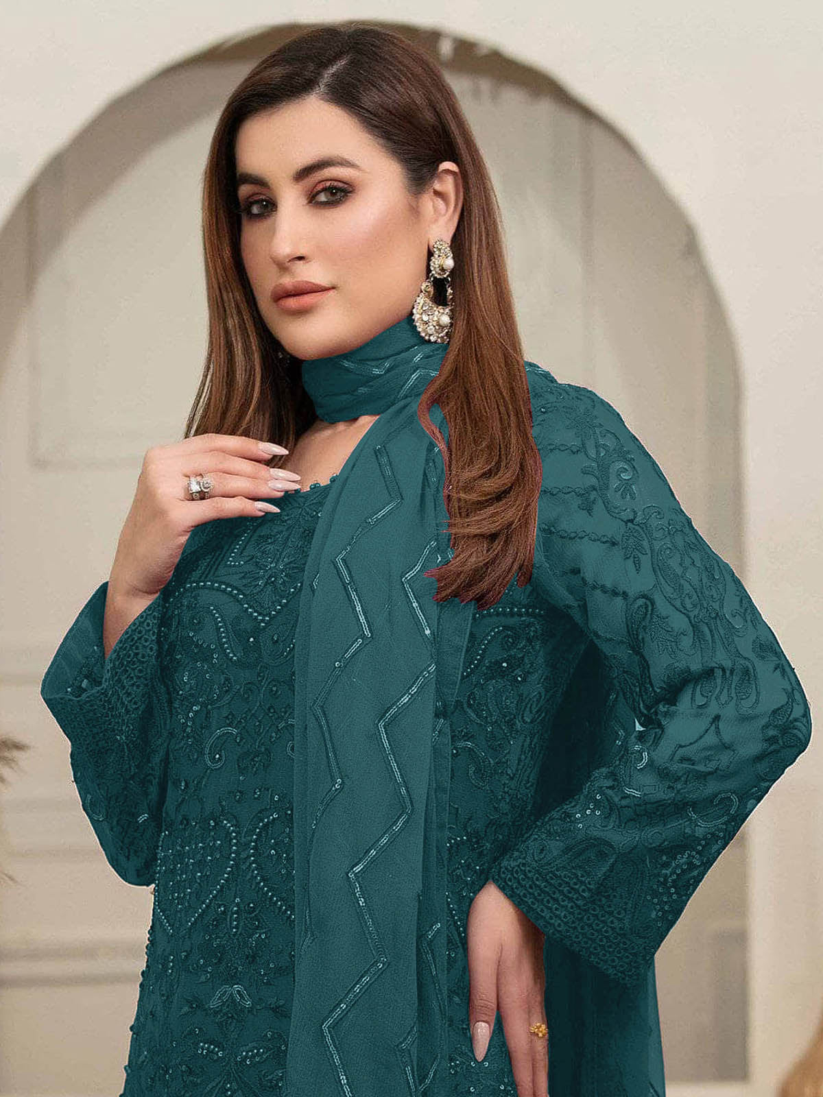 Odette Women Blue Embroidered Georgette Semi Stitched Salwar Suit - Image 2