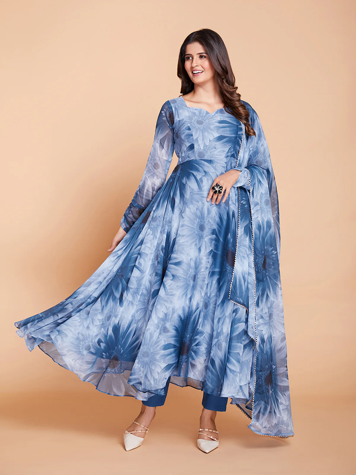 Odette Women Blue Faux Georgette Printed Stitched Kurta Set - Image 2