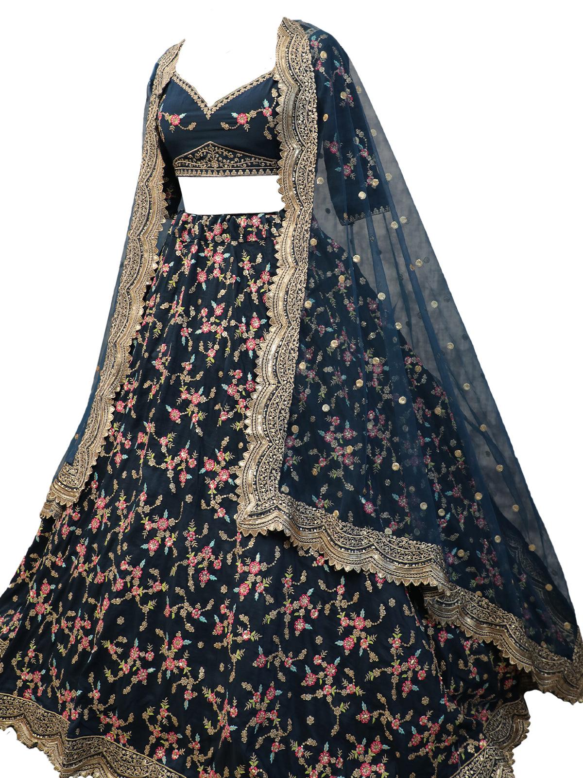 Odette Women Blue Floral Sassy Semi Stitched Lehenga With Unstitched Blouse - Image 3
