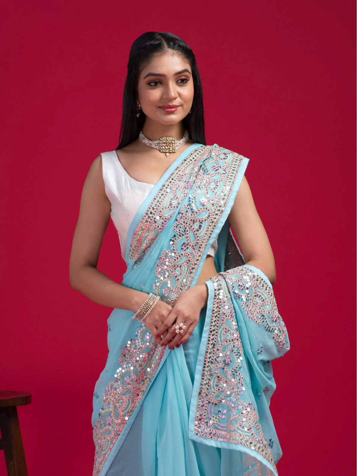 Odette Women Blue Georgette Embroidered Saree With Unstitched Blouse - Image 2